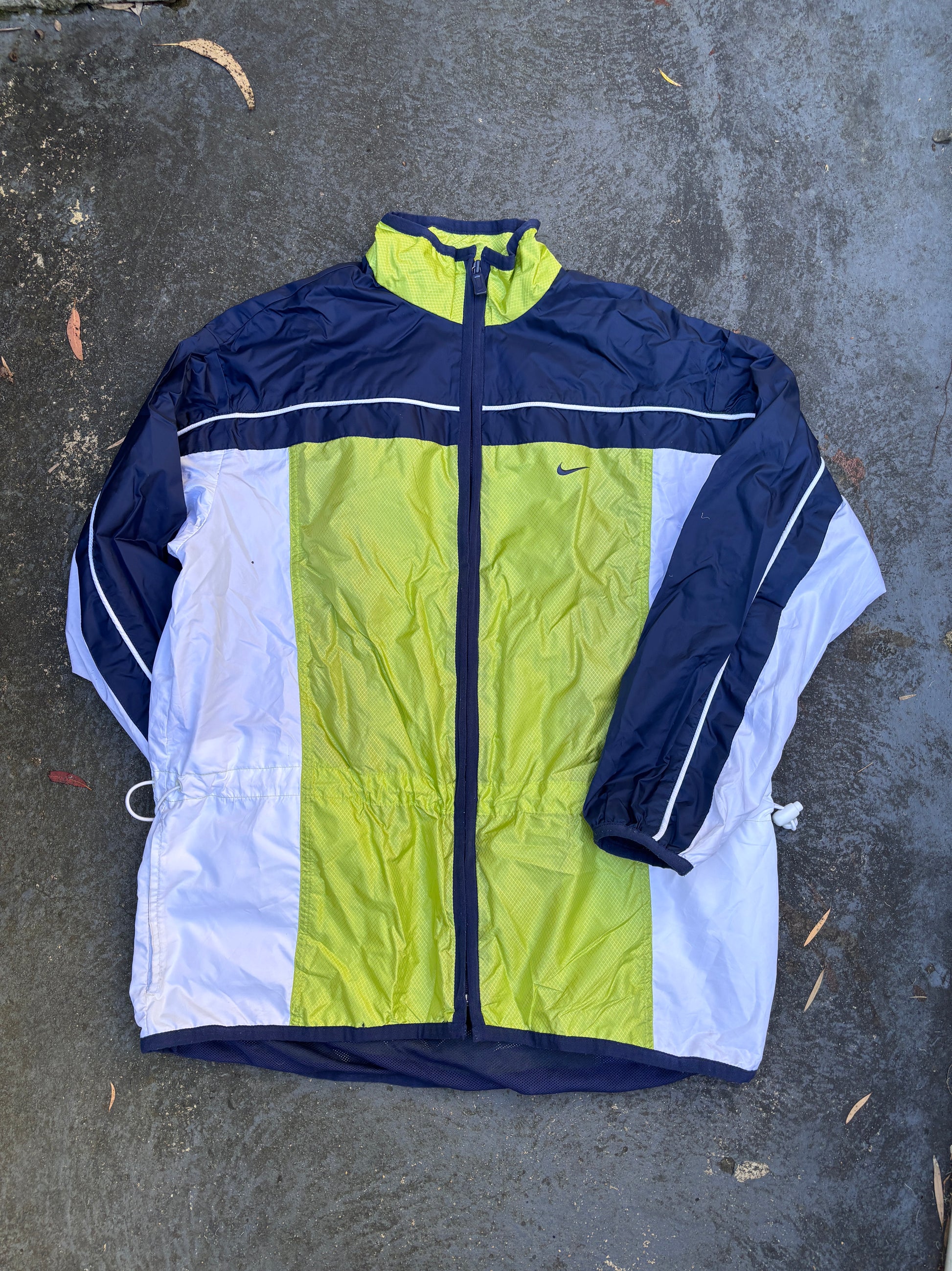 Vintage 90s Nike Jacket Womens M Blue Green Spell Out Logo Bungee Nylon Windbreaker