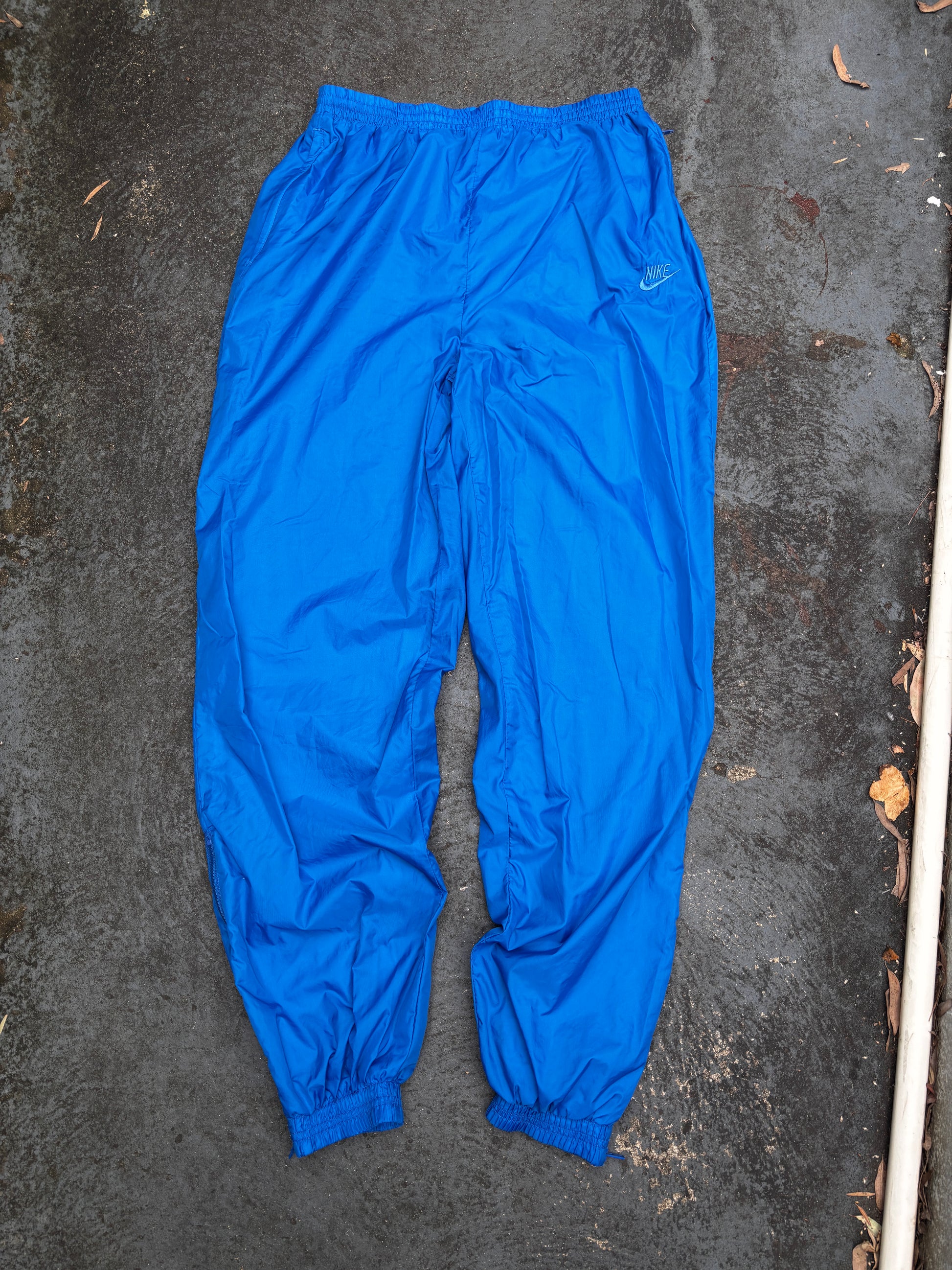 Vintage 90s Nike Track Pants Size XL Double Blue Swoosh Classic Nylon Windbreaker