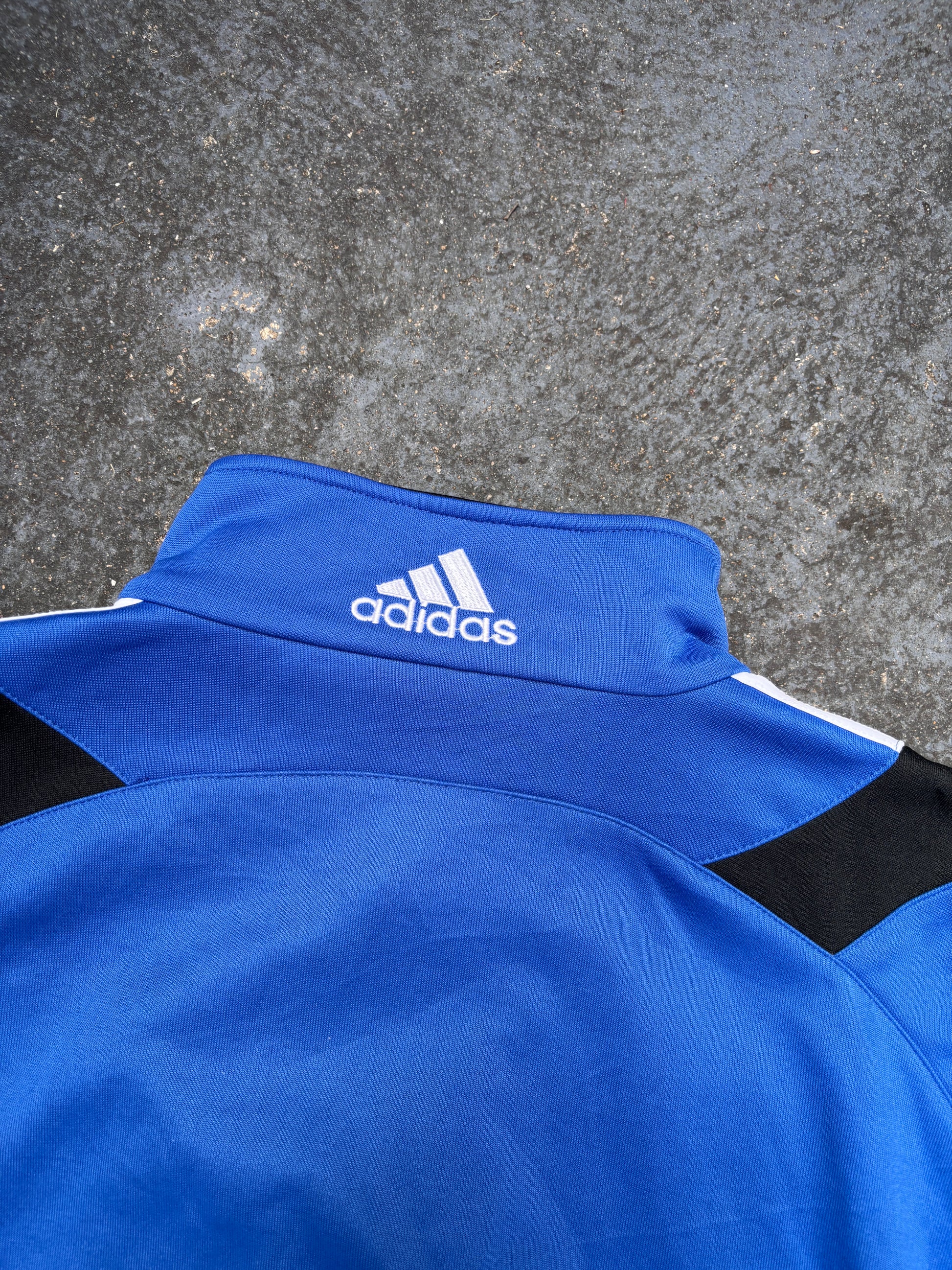 Vintage 90s Adidas Jacket Size L Blue Navy 3 Stripe Football Satin Style Finish