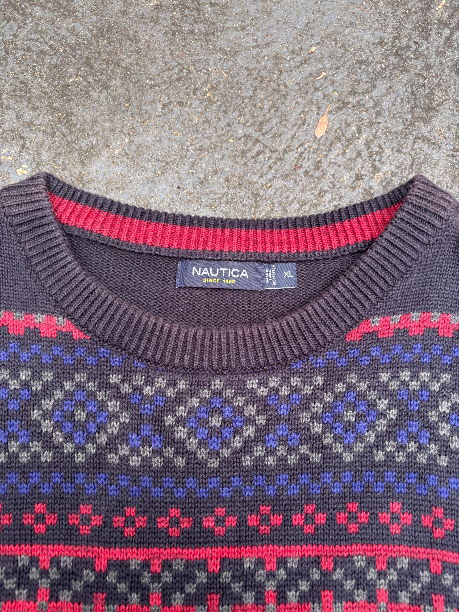 Nautica Knit Jumper Size XL Navy Red Fair Isle Pattern Cotton Crew Neck Sweater