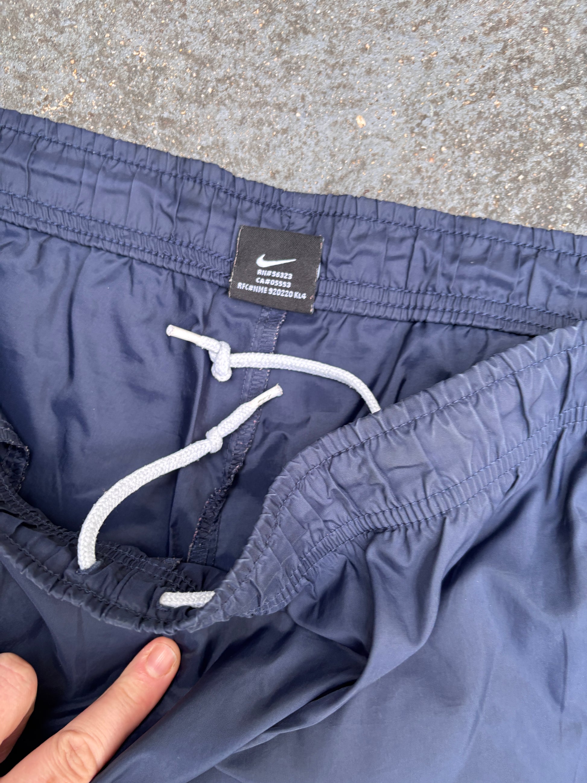 Vintage 90s Nike Cargo Track Pants XL Navy Spell Out Hex Logo Nylon Windbreaker