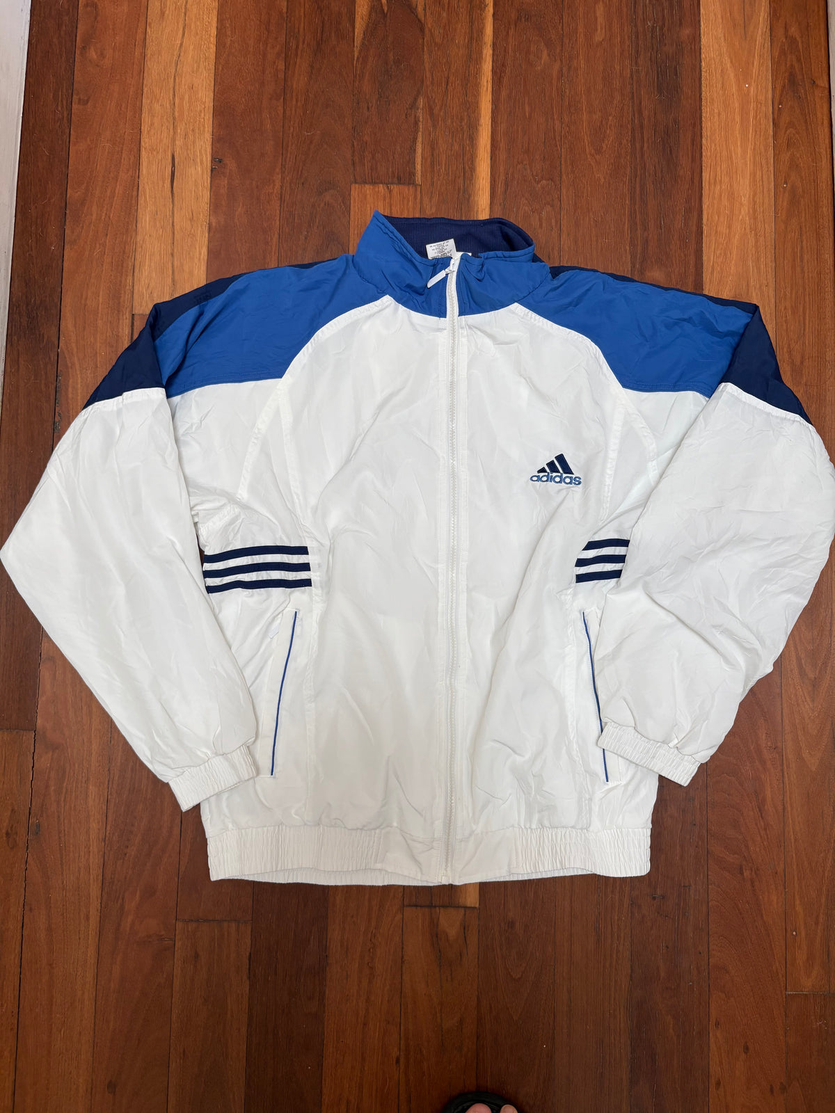 Vintage 90s Adidas Jacket Size L White Blue Auto Shop Print Classic Windbreaker