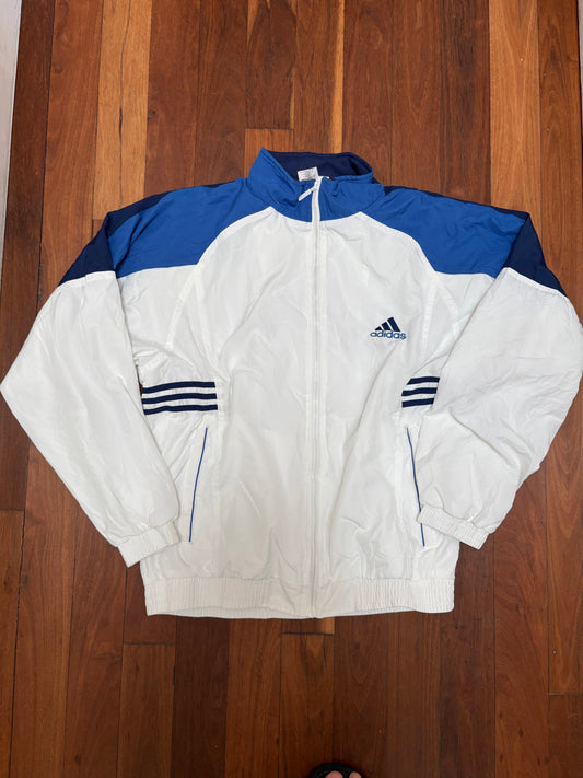 Vintage 90s Adidas Jacket Size L White Blue Auto Shop Print Classic Windbreaker