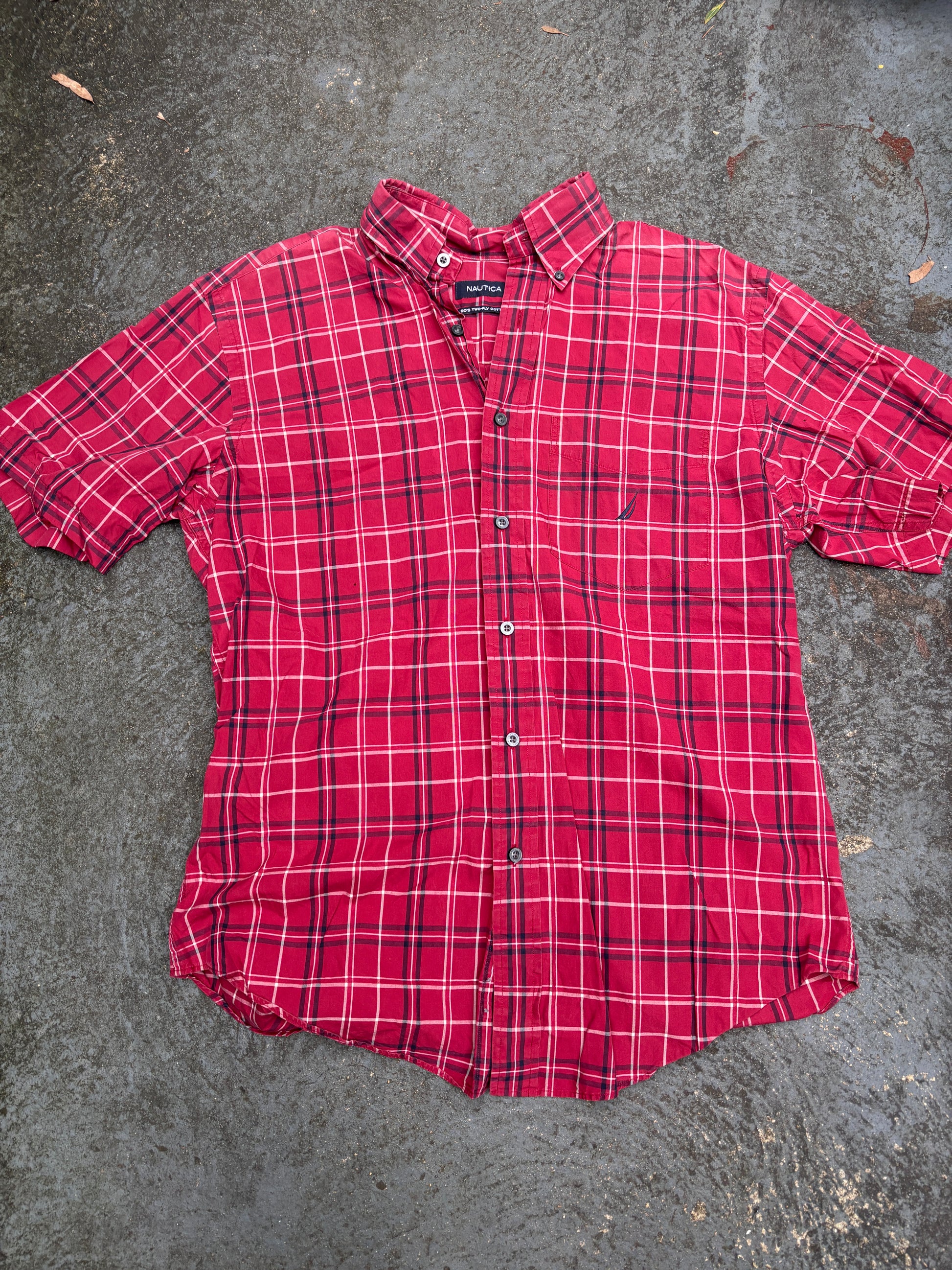 Nautica Shirt Sz M Red Navy Check Chest Pocket Logo 2 Ply Cotton Oversized Fit