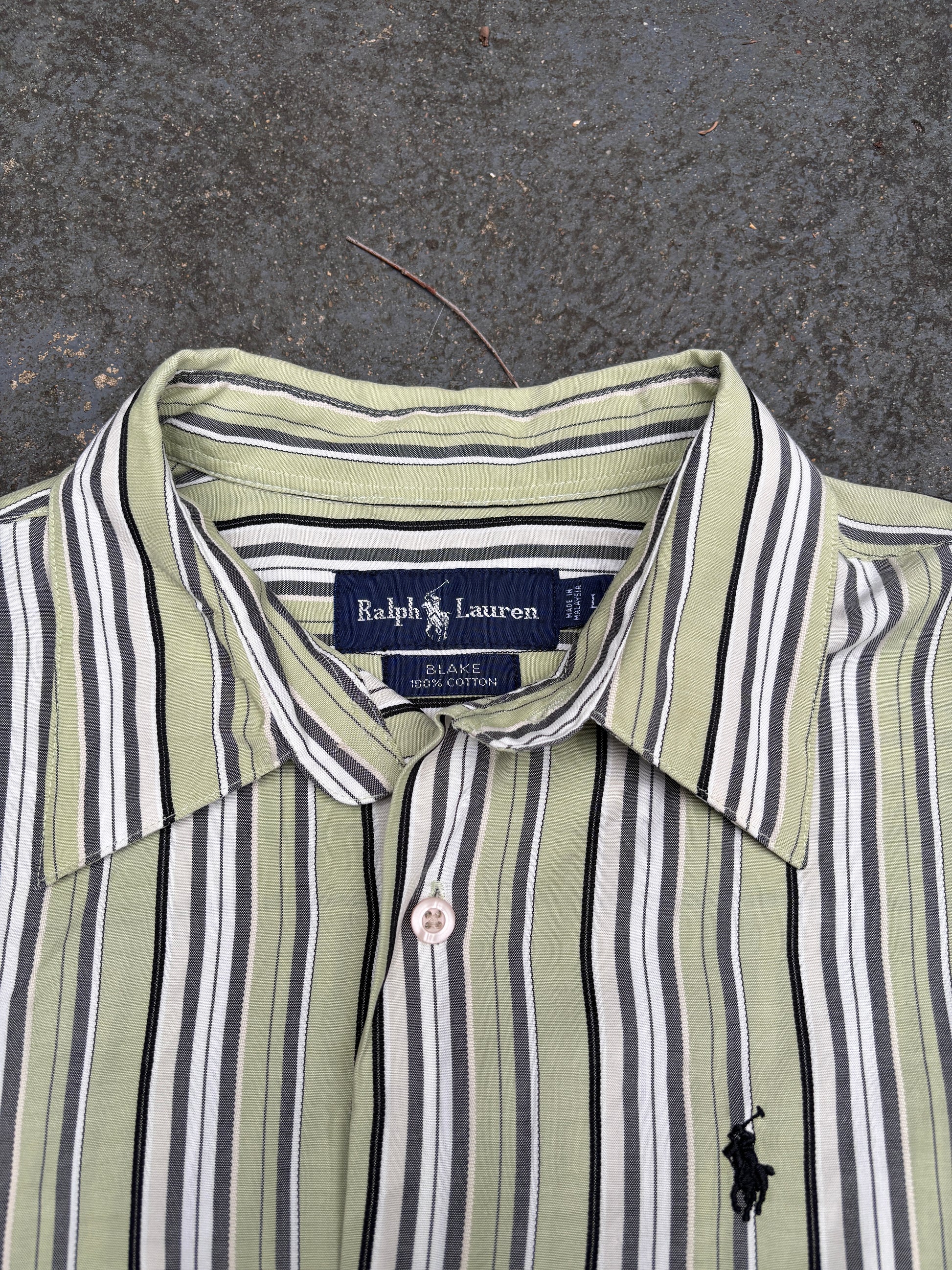 Vintage 90s Ralph Lauren Shirt Size L Green Striped Short Sleeve Navy Pony