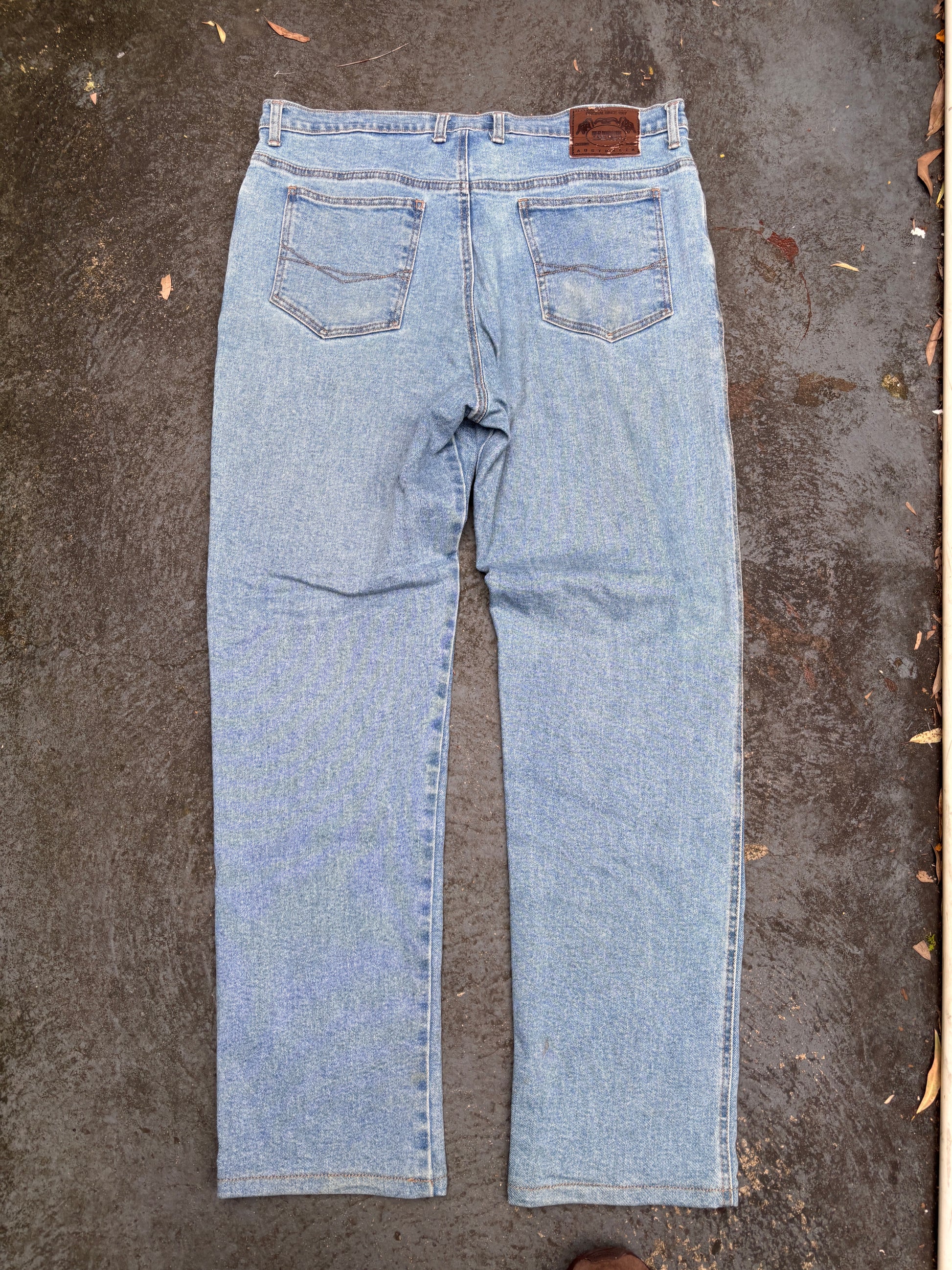 Vintage Tactics Australian Made Jeans Sz 36 Blue Mid Wash Geelong Football Patch