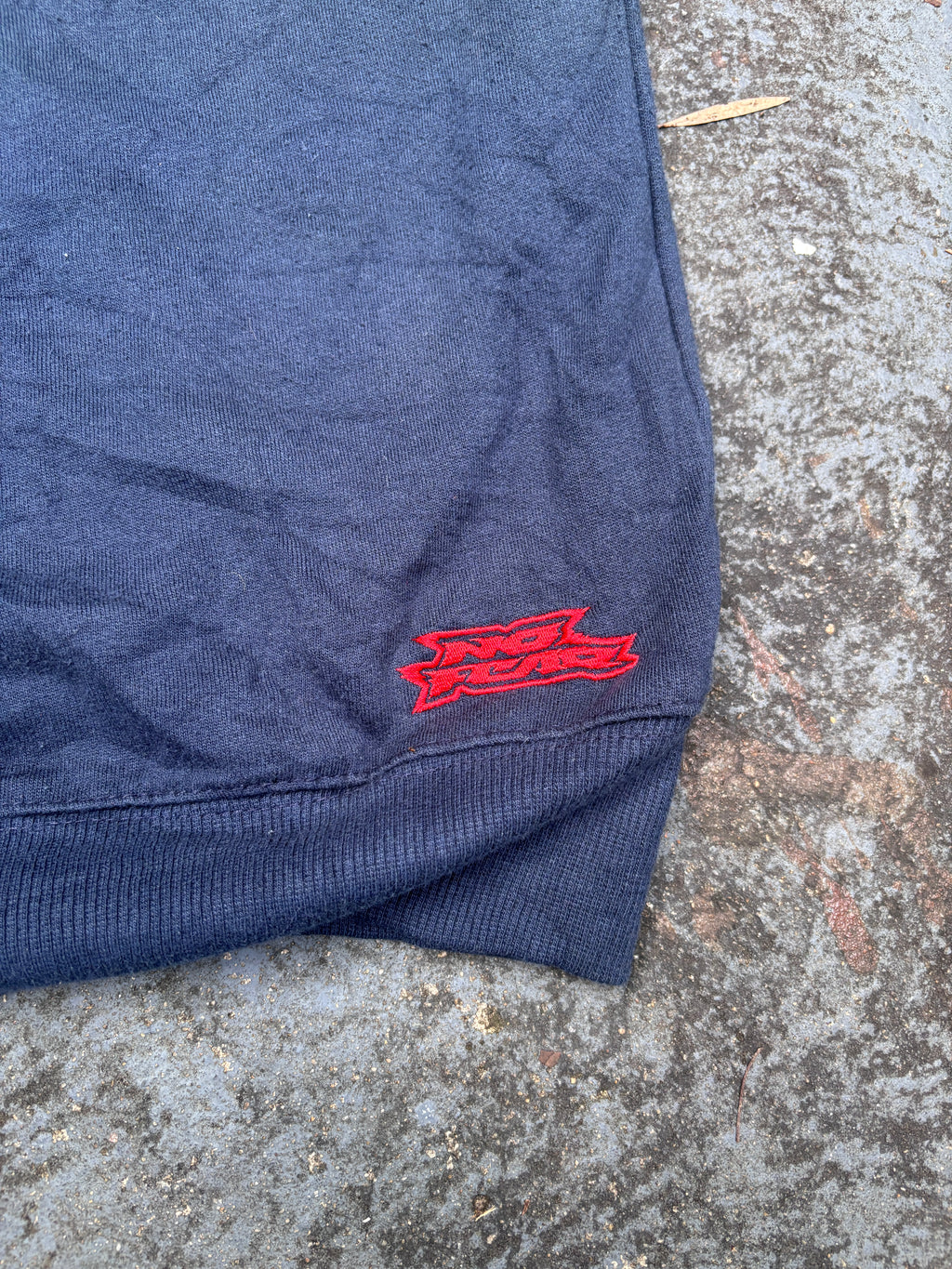 Vintage Y2K No Fear Hoodie Size L Navy Fleece Texture Logo Kangaroo Pouch