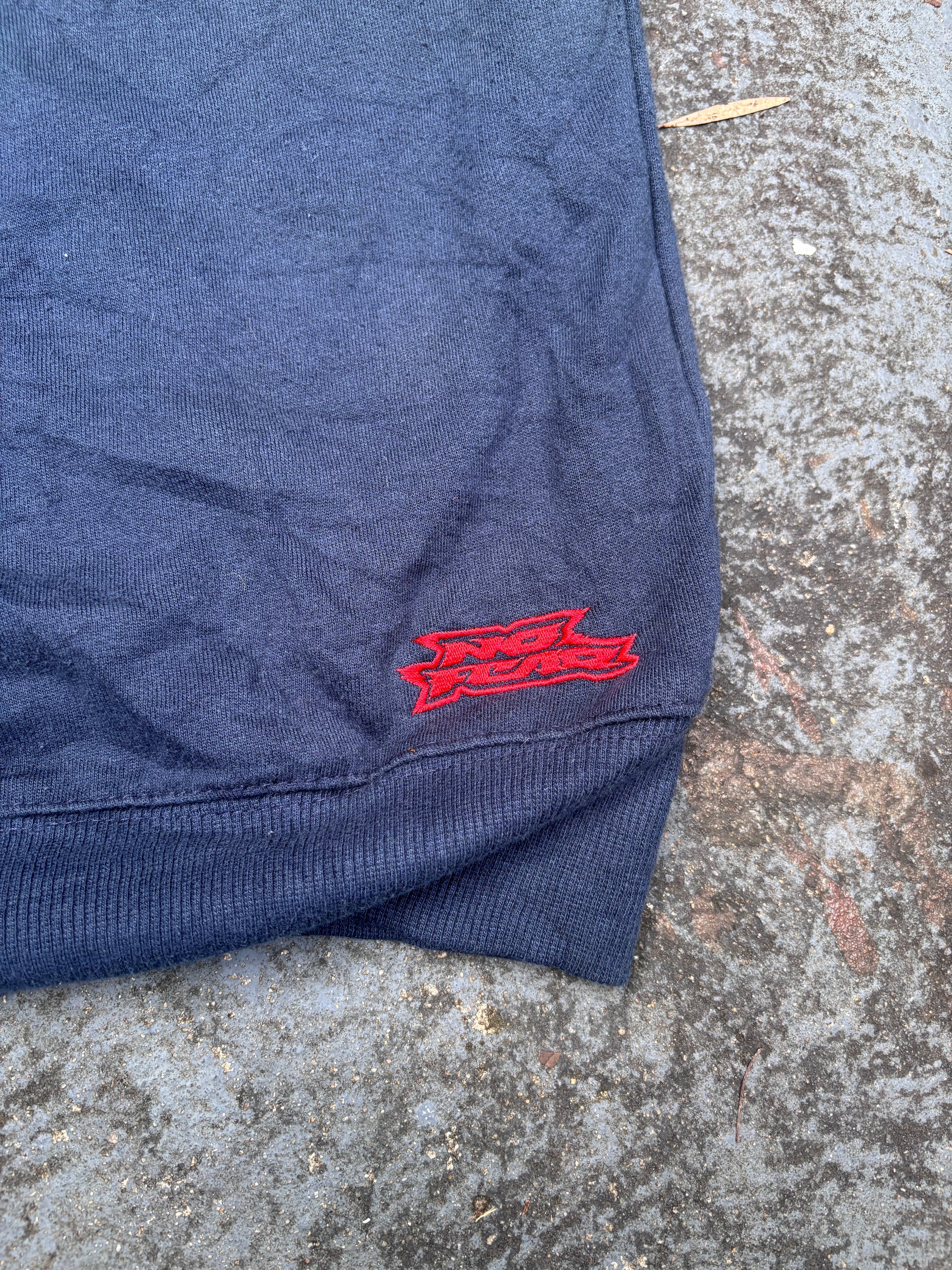 Vintage Y2K No Fear Hoodie Size L Navy Fleece Texture Logo Kangaroo Pouch