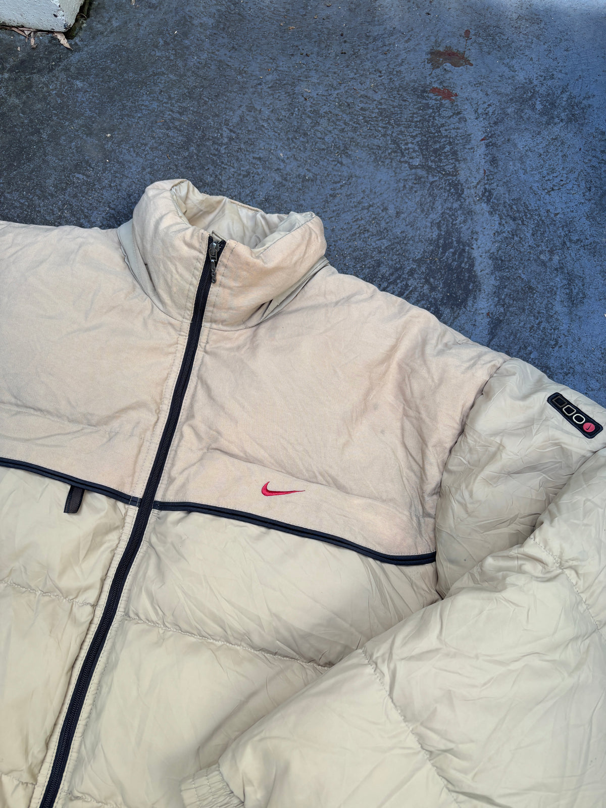 Vintage 90s Nike Down Puffer Jacket Size L Oversized Tan Red Swoosh Full Zip
