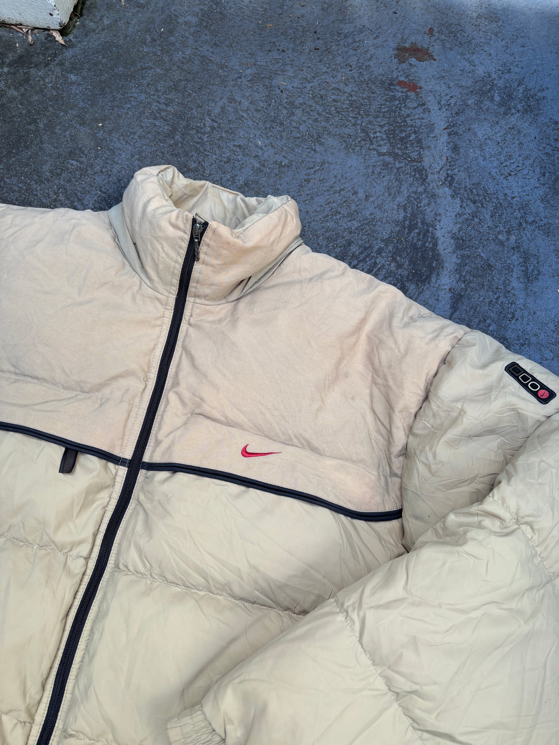 Vintage 90s Nike Down Puffer Jacket Size L Oversized Tan Red Swoosh Full Zip