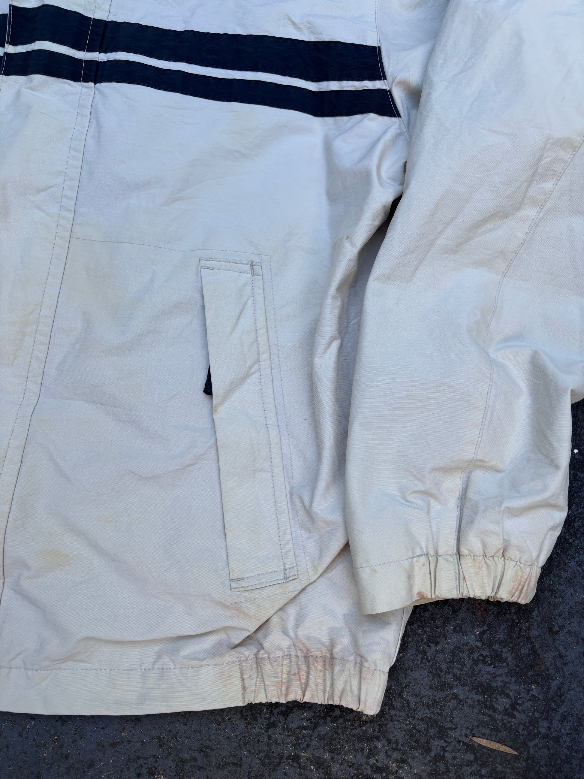 Nautica Sailing Jacket Size M Beige Navy Stripe Spinnaker Yacht Logo Windbreaker