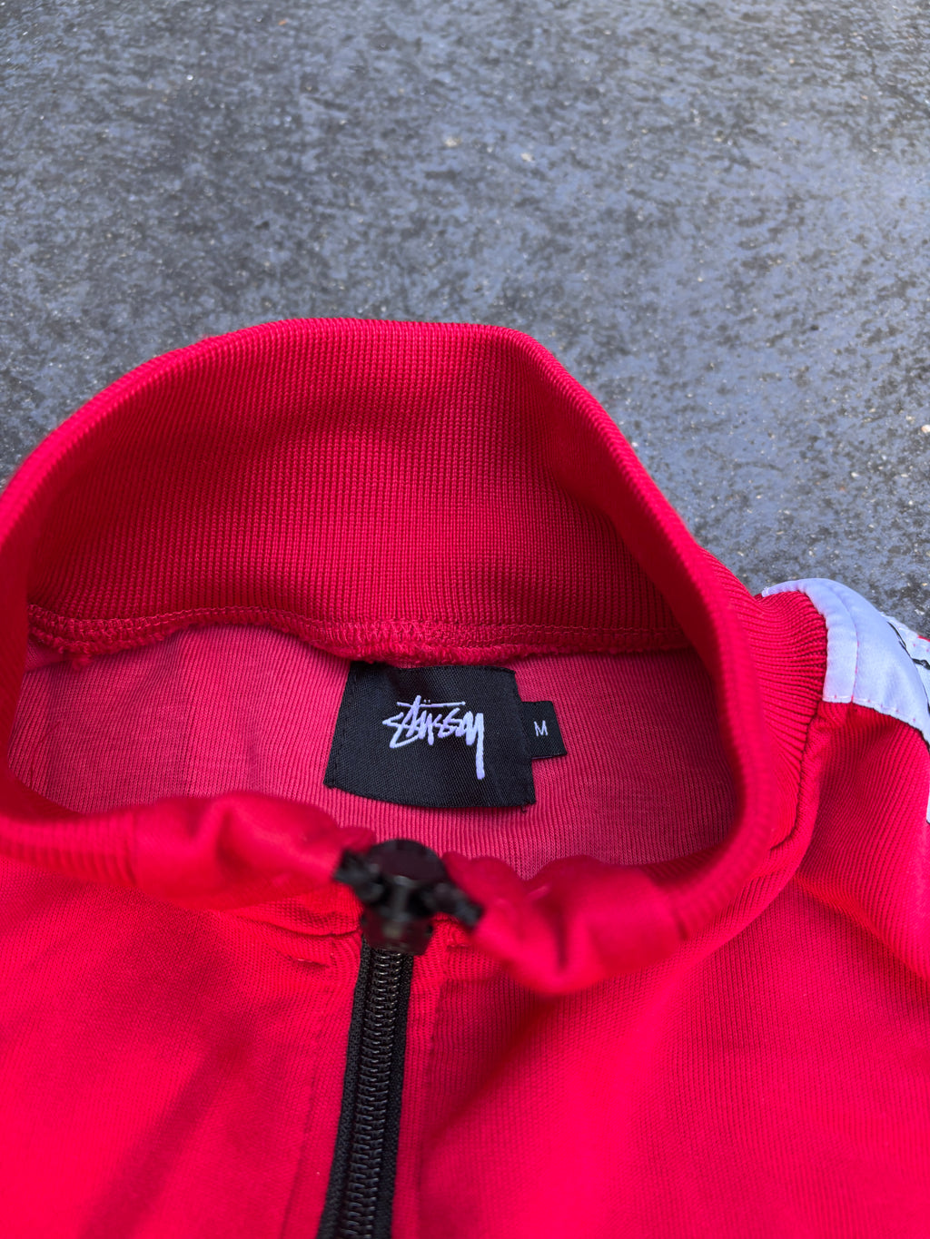 Stussy Jacket Size M Red White Arm Tape Logo World Tour Chest Logo Full Zip
