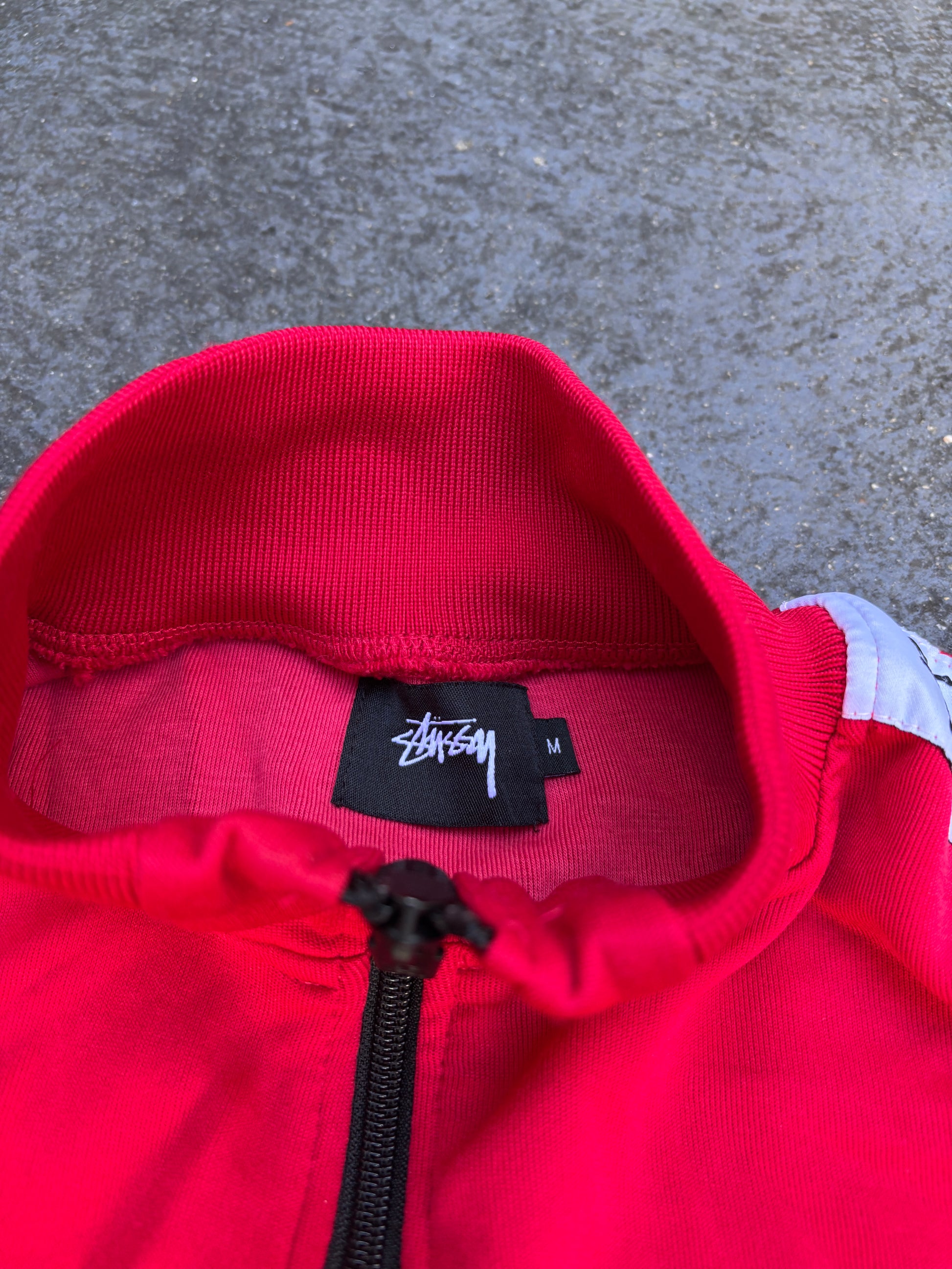 Stussy Jacket Size M Red White Arm Tape Logo World Tour Chest Logo Full Zip