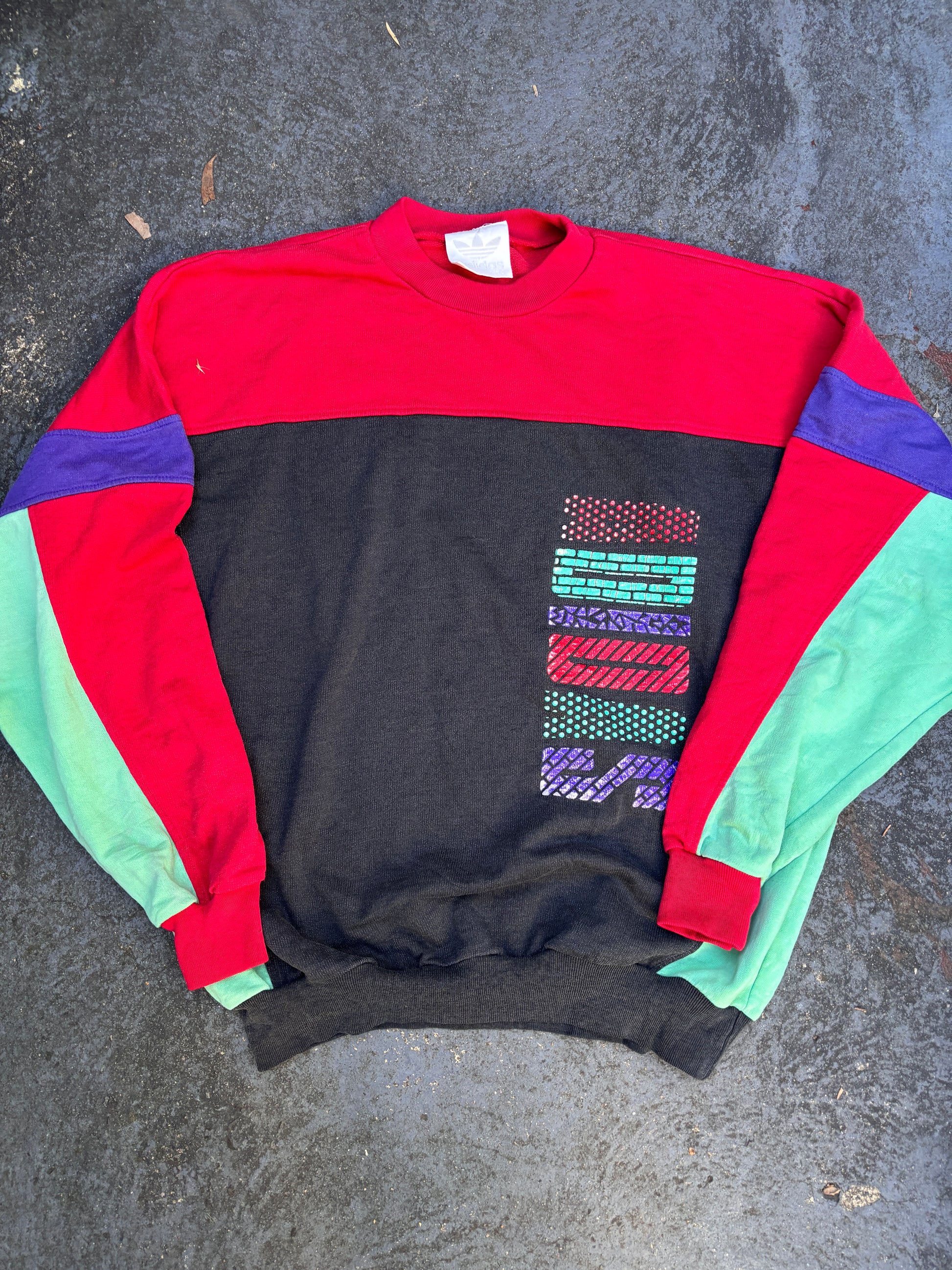 Vintage 80s Adidas Jumper Size M Multi Colour Block Spell Out + Flower Logo Fleece