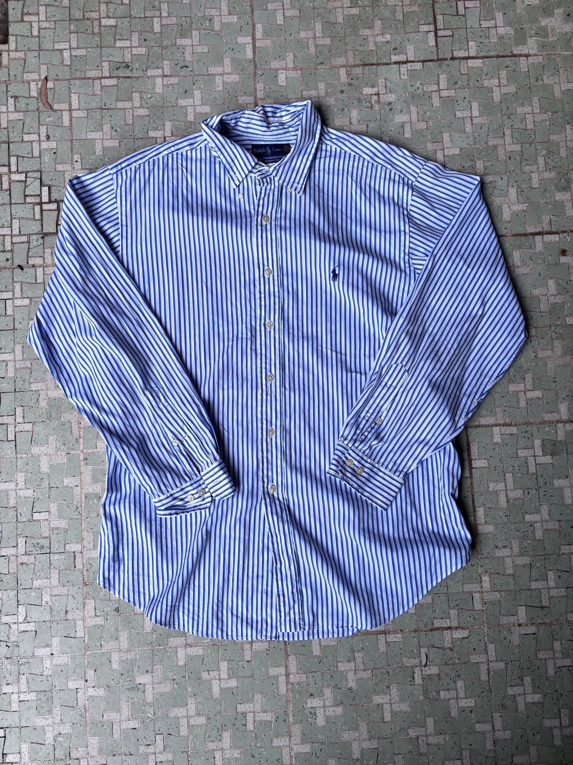 Vintage 90's Ralph Lauren Shirt Size XL Blue Stripped Cotton Dress Button Up