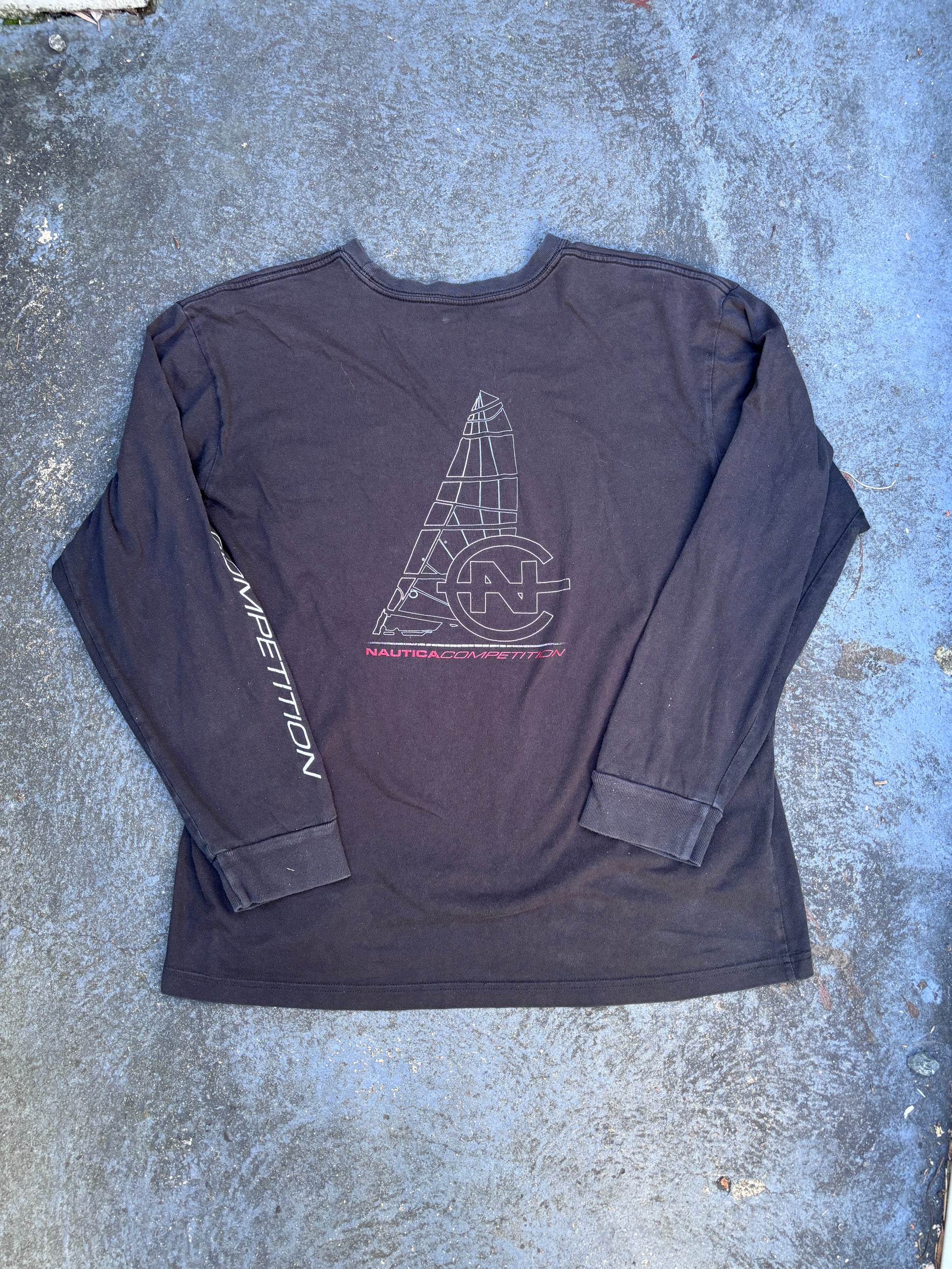 Nautica Competition Long Sleeve T-Shirt Men’s L Black Yacht Graphic Spell Out Logo