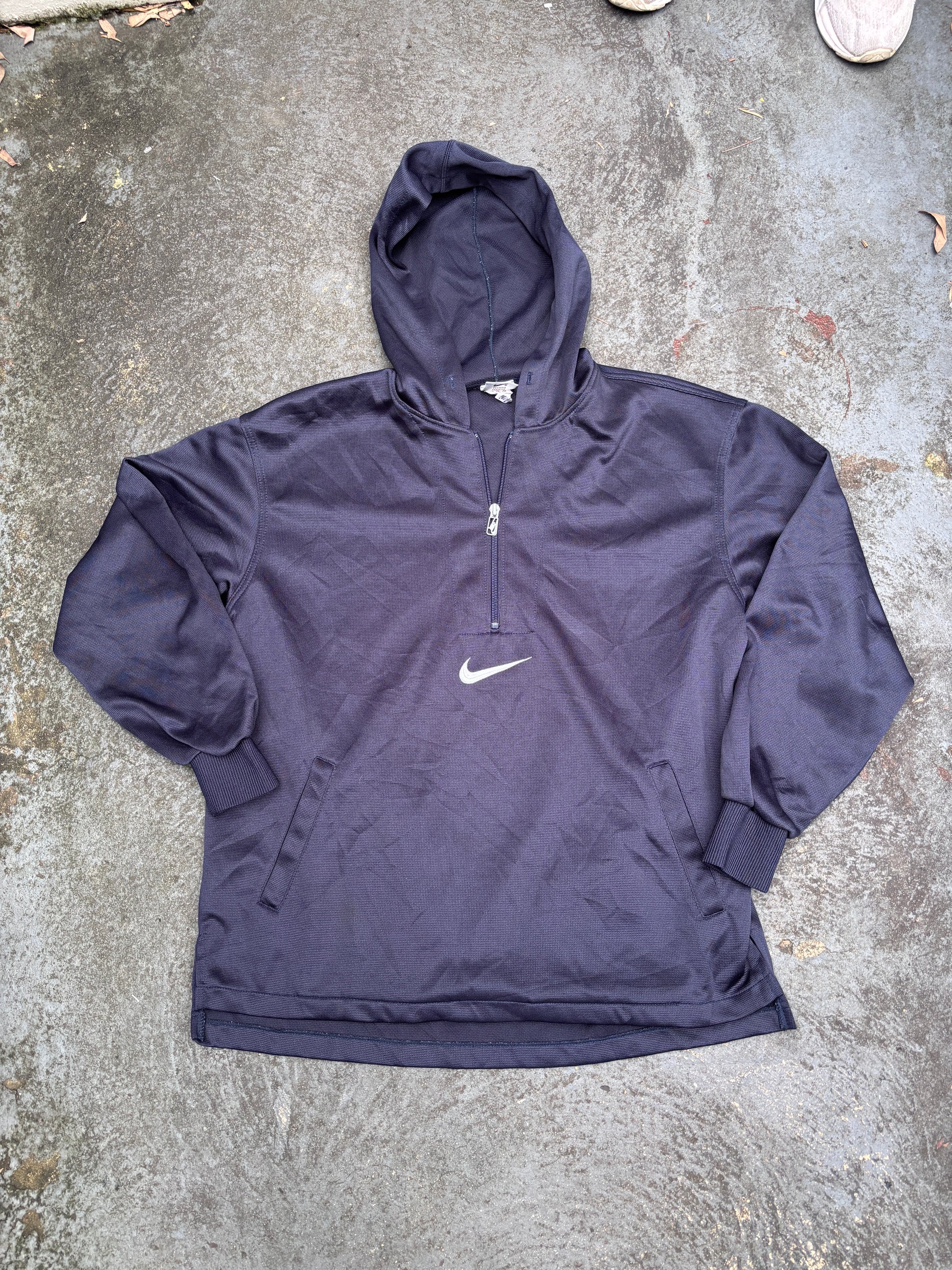 Vintage 90s Nike Anorak Hoodie Size M Navy White Swoosh Mesh Texture Pouch