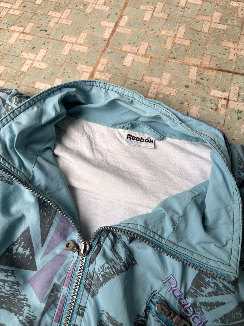 Vintage 80's Reebok Jacket Size XL Blue Green Windbreaker Mock Neck Zip Up