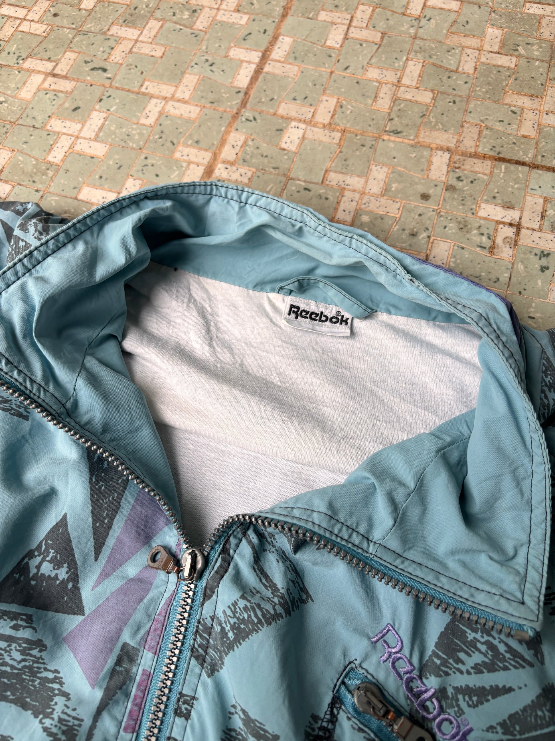 Vintage 80's Reebok Jacket Size XL Blue Green Windbreaker Mock Neck Zip Up