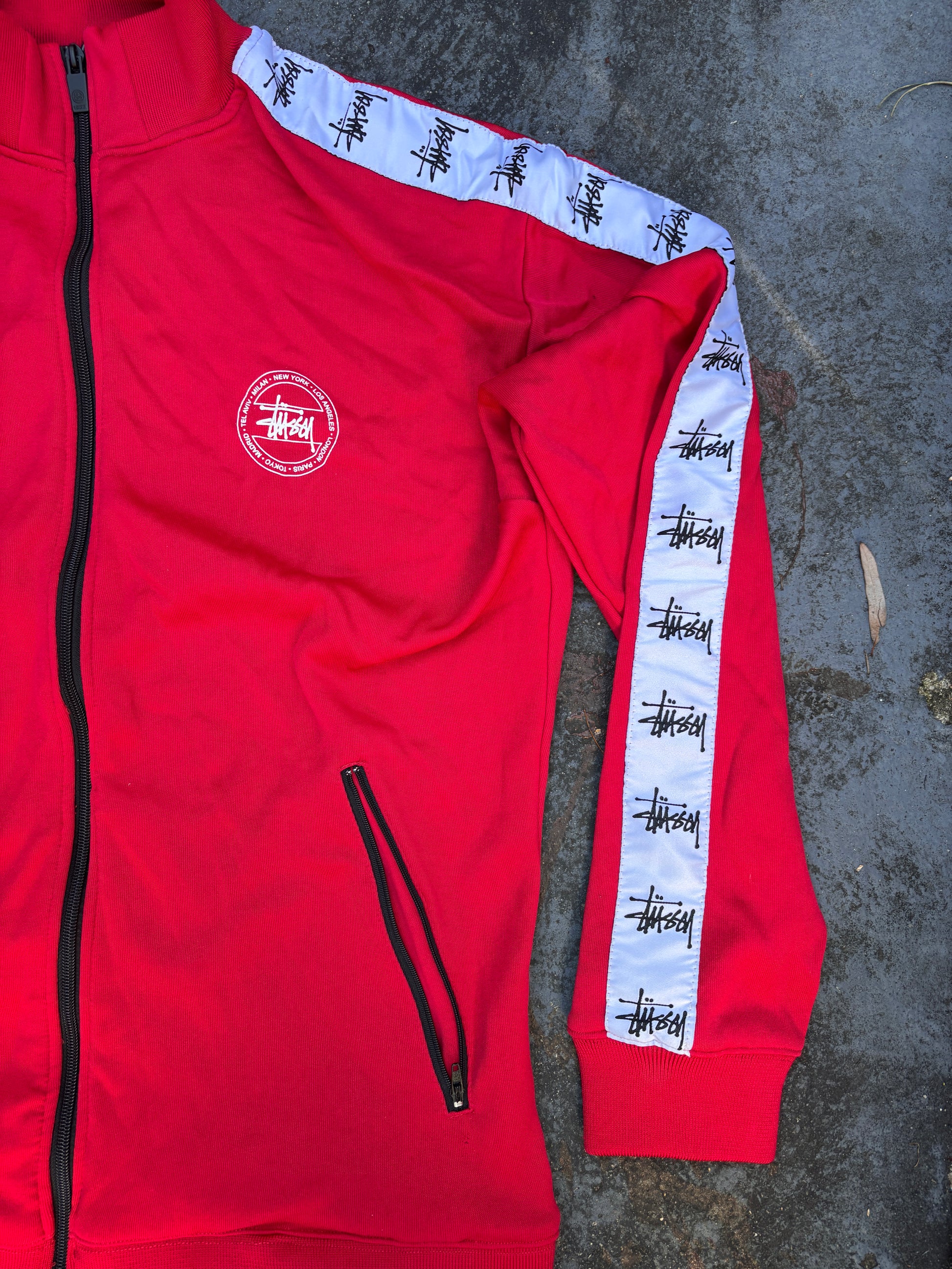 Stussy Jacket Size M Red White Arm Tape Logo World Tour Chest Logo Full Zip