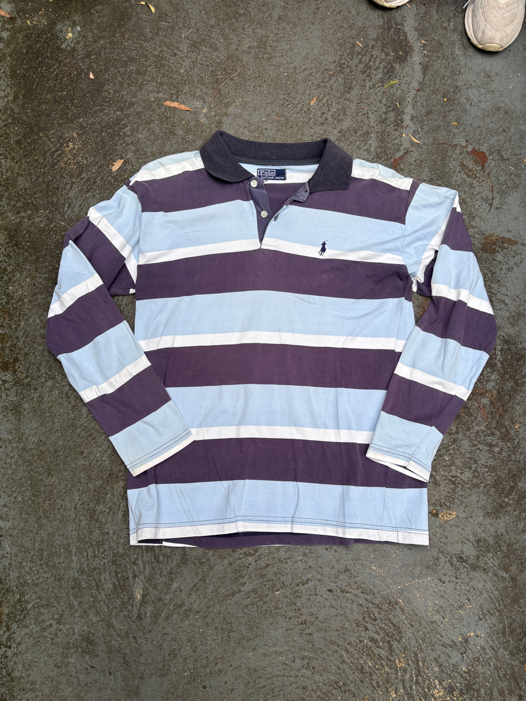 Vintage 90s Polo Ralph Lauren Rugby Polo Size M Two Tone Blue Striped Jersey