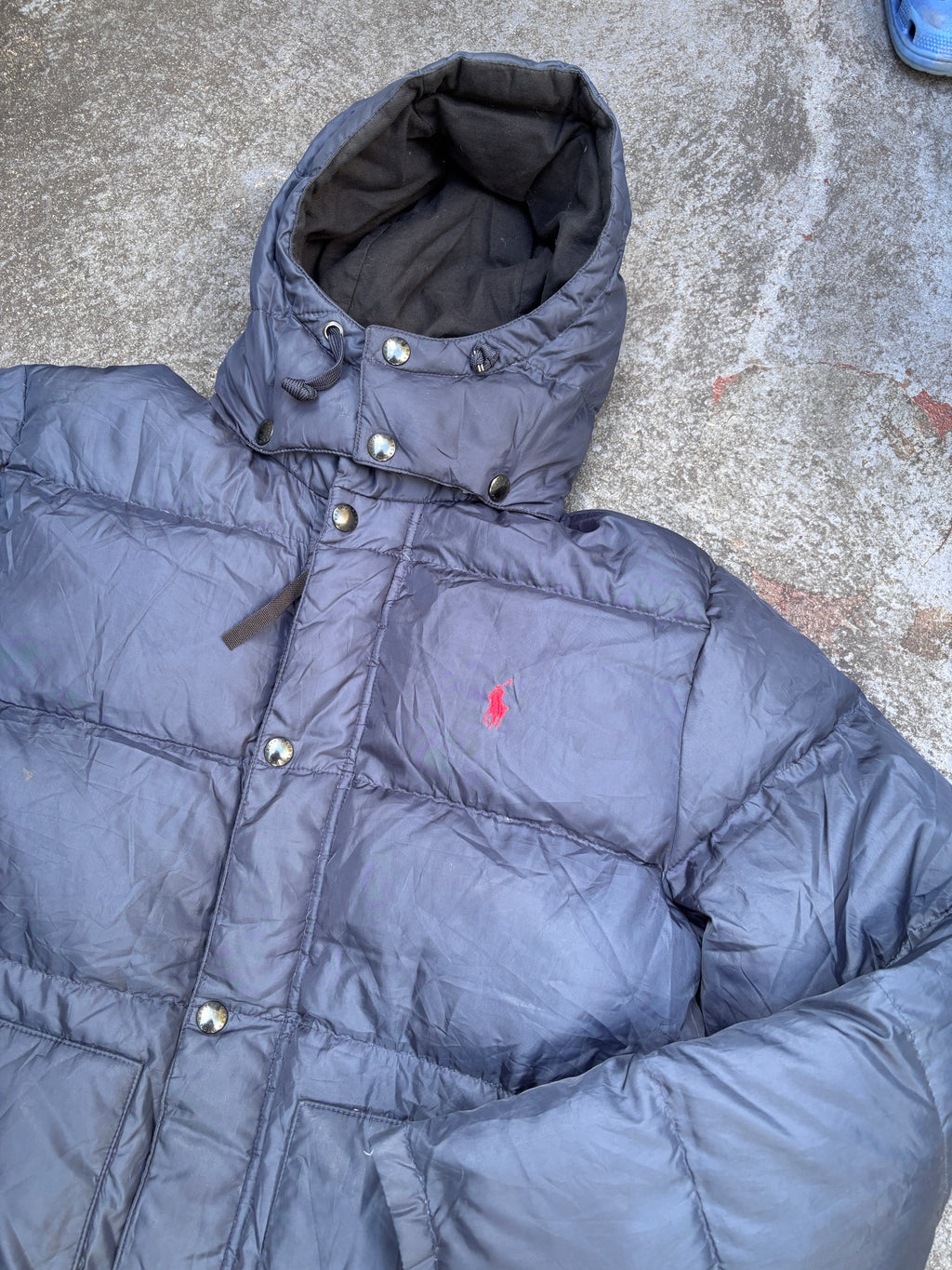 Vintage Y2K Polo Ralph Lauren Down Jacket Sz M Navy Puffer Hood Red Pony Pockets