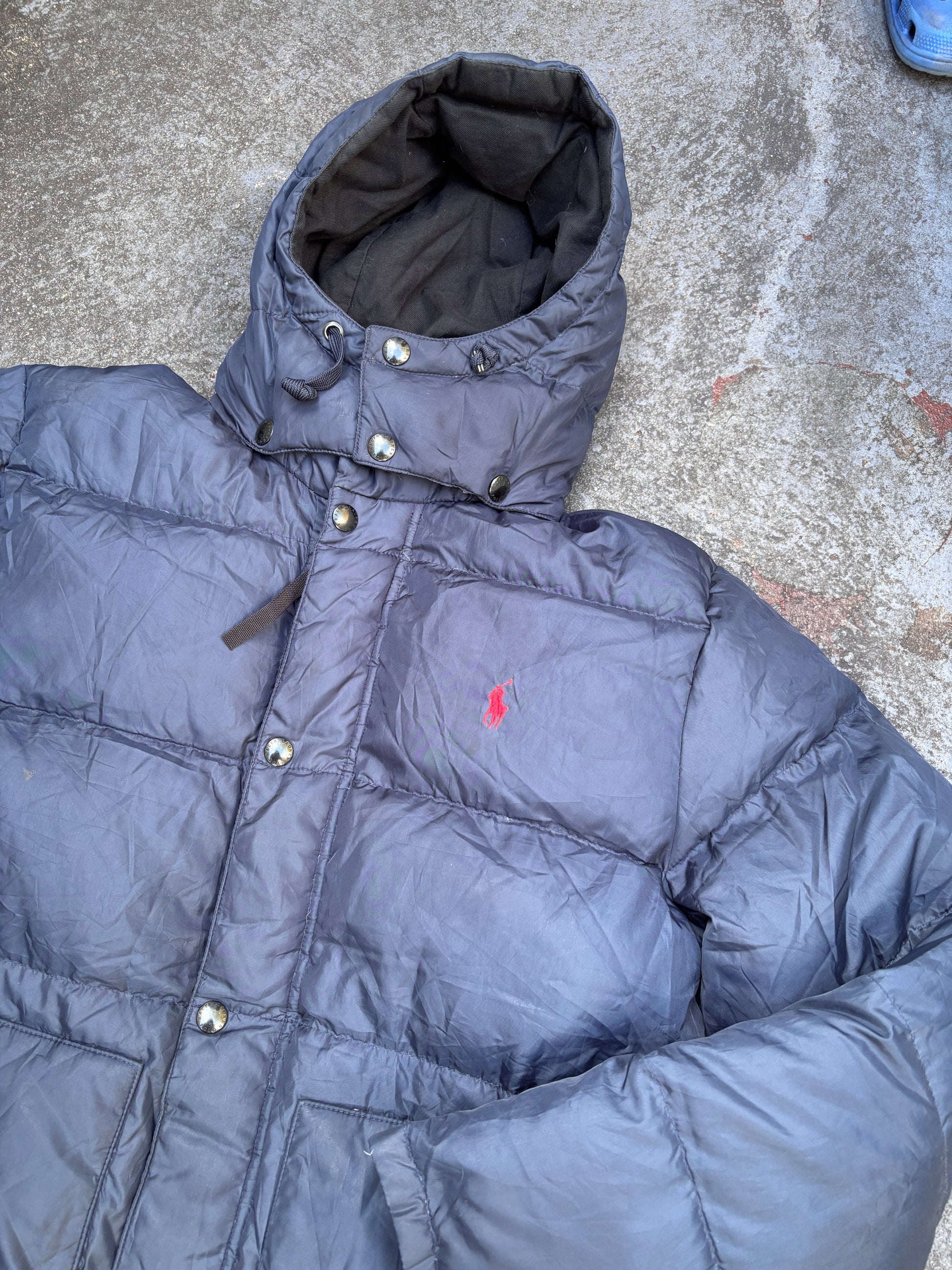 Vintage Y2K Polo Ralph Lauren Down Jacket Sz M Navy Puffer Hood Red Pony Pockets