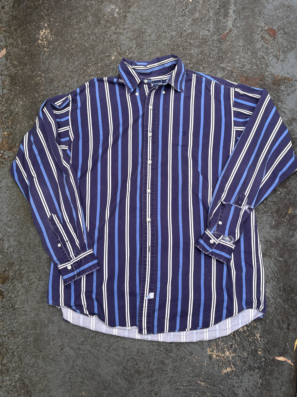 Vintage 90s Ralph Lauren Shirt Size L Navy Two Tone Downstripe Navy Pony Button Up