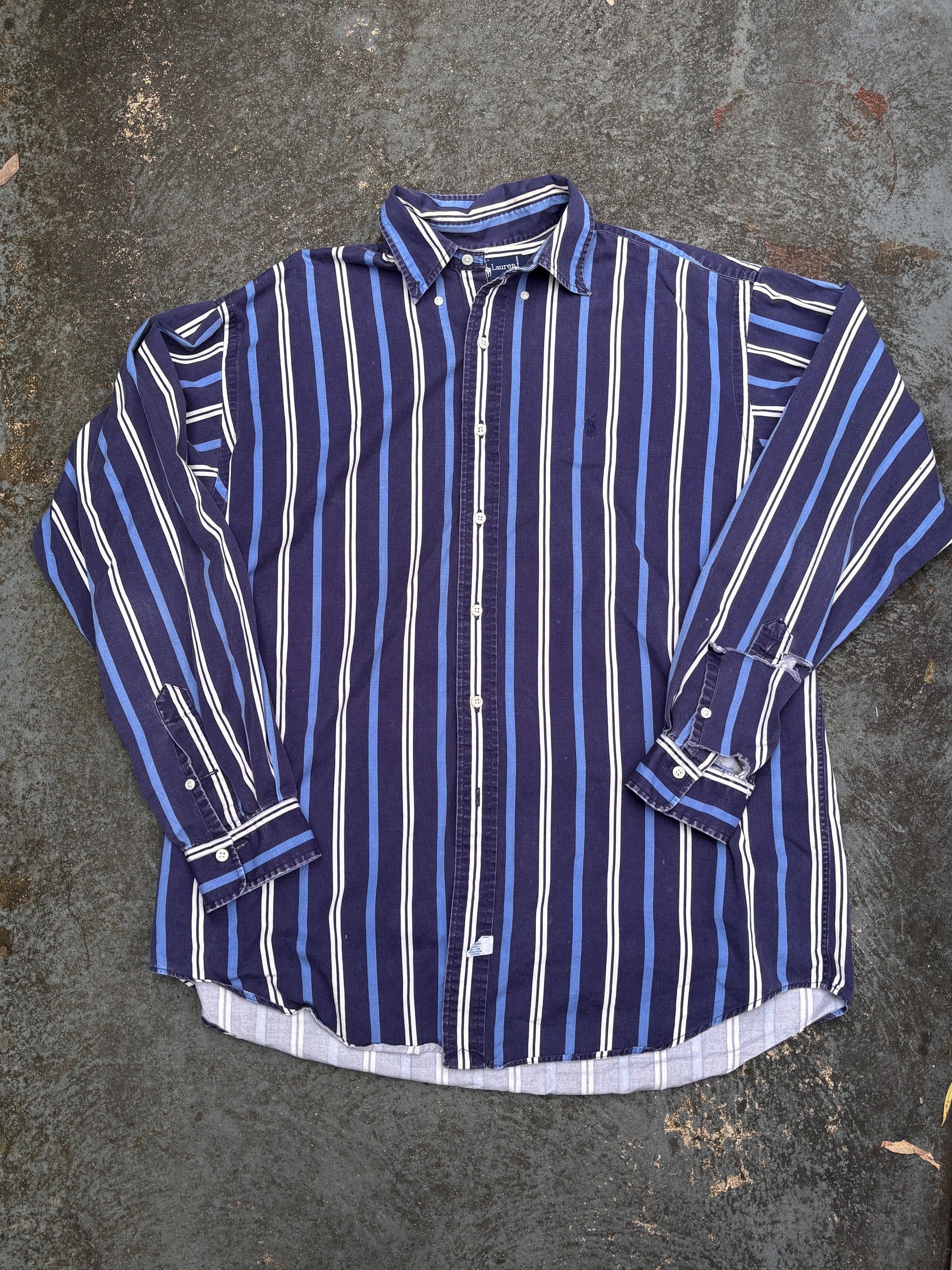 Vintage 90s Ralph Lauren Shirt Size L Navy Two Tone Downstripe Navy Pony Button Up