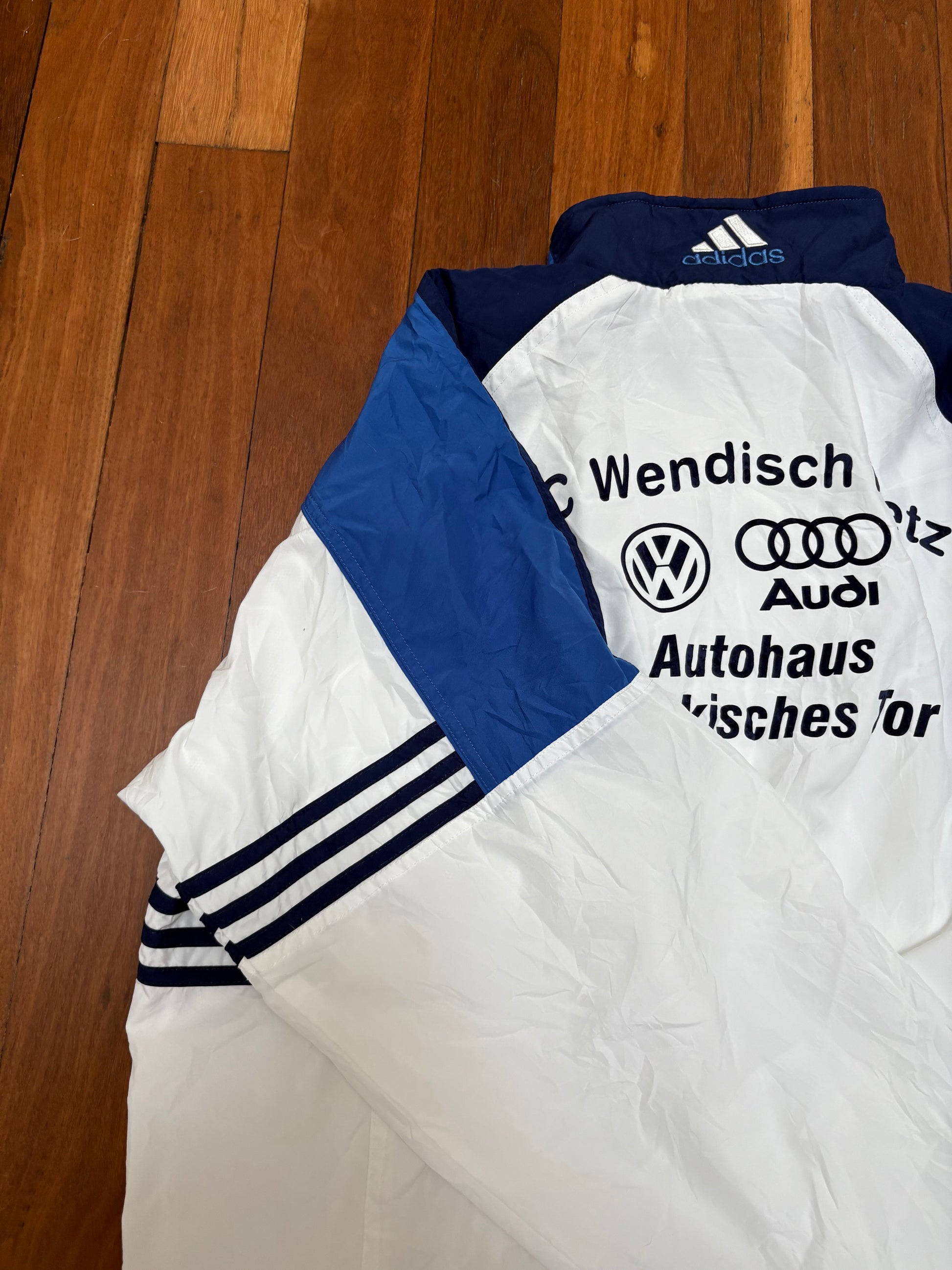 Vintage 90s Adidas Jacket Size L White Blue Auto Shop Print Classic Windbreaker