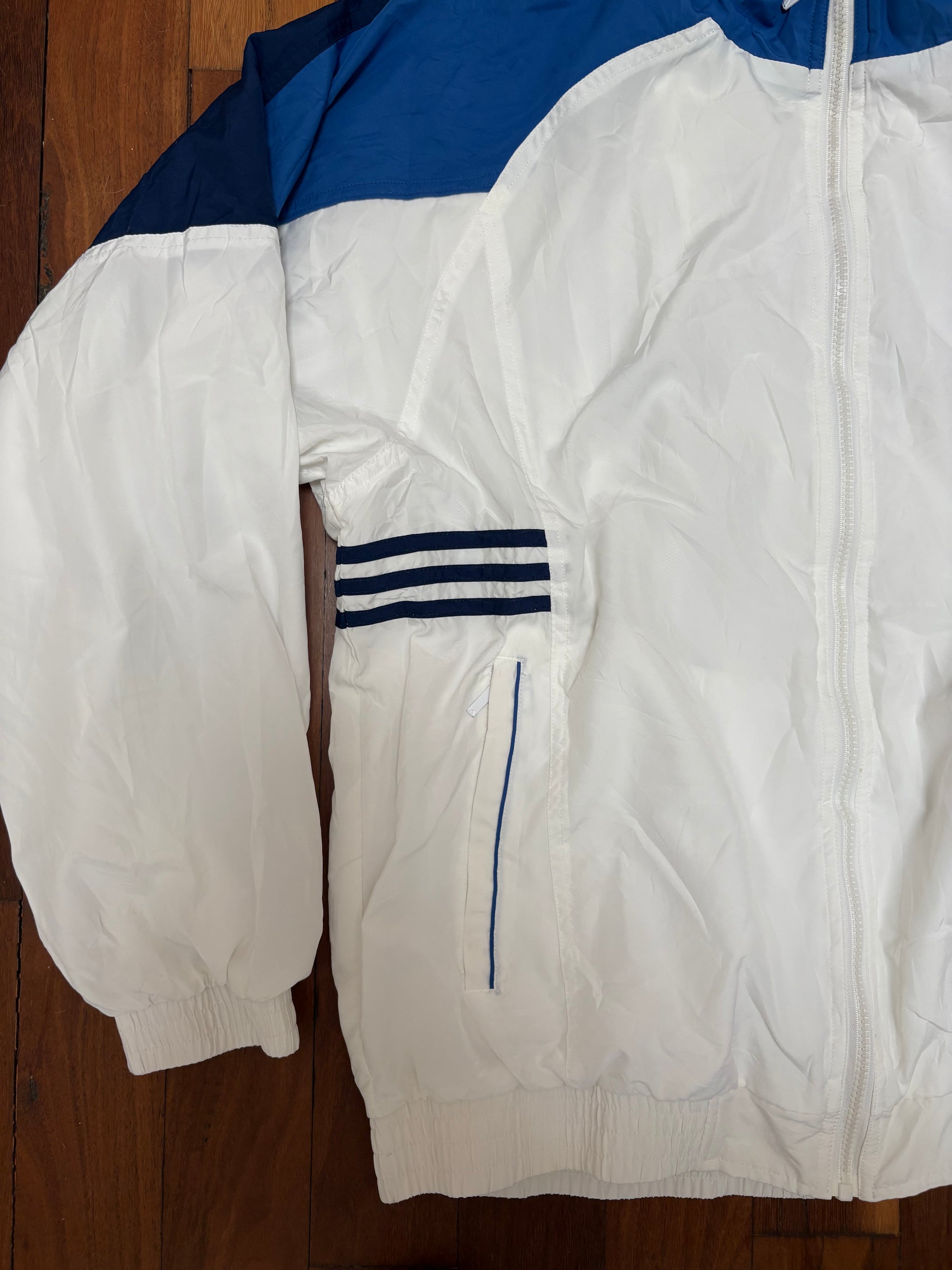 Vintage 90s Adidas Jacket Size L White Blue Auto Shop Print Classic Windbreaker
