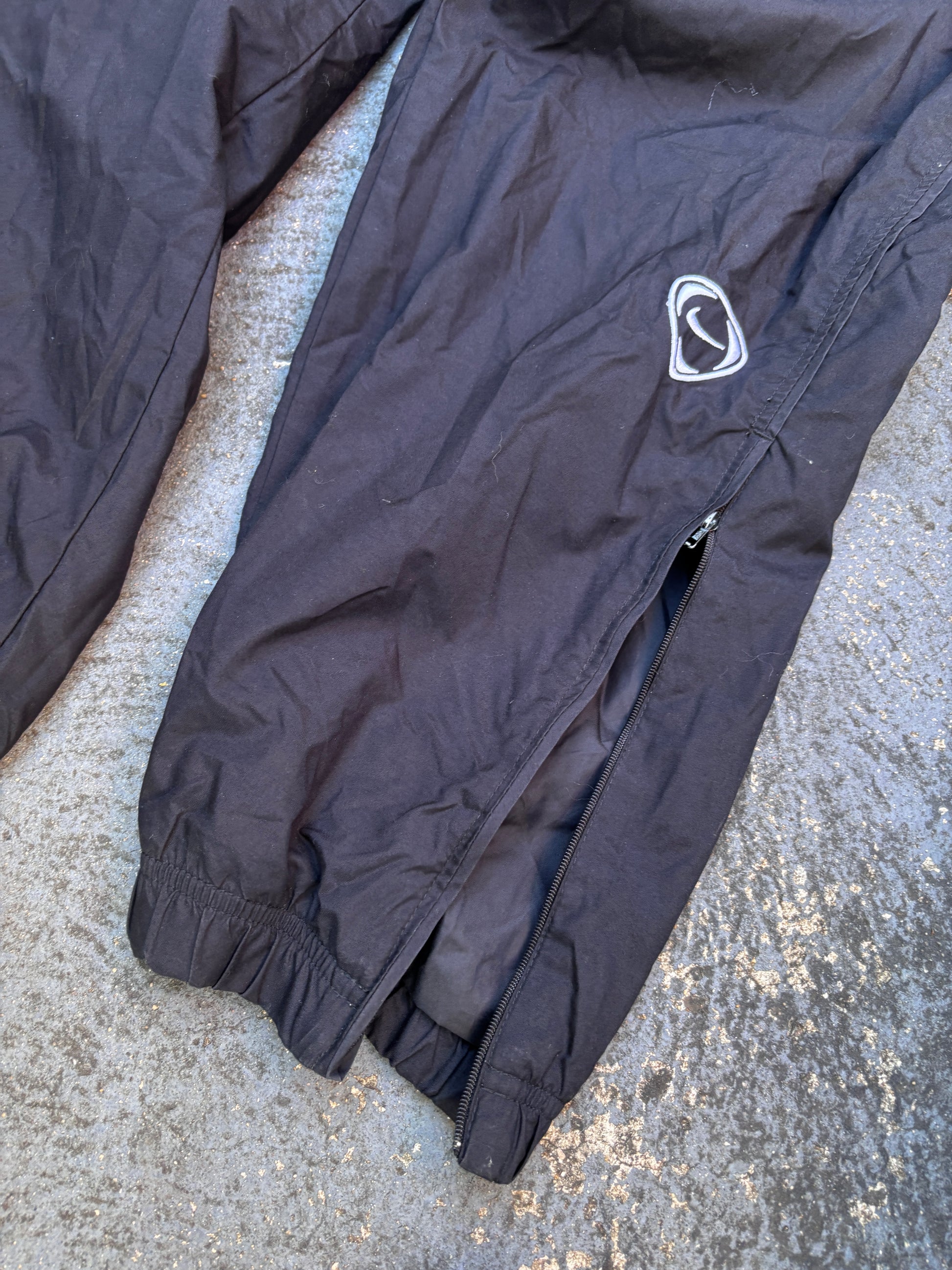 Vintage 90s Nike Football Track Pants Size L Black White Logo Nylon Tapered Leg