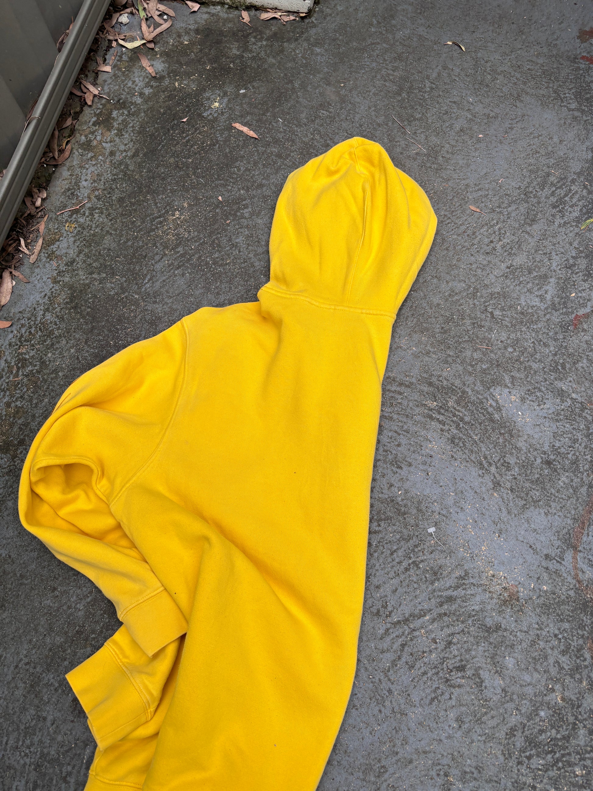 Vintage Y2K Nike Hoodie Size XL Yellow Embroidered Flames Spell Out Logo Pouch