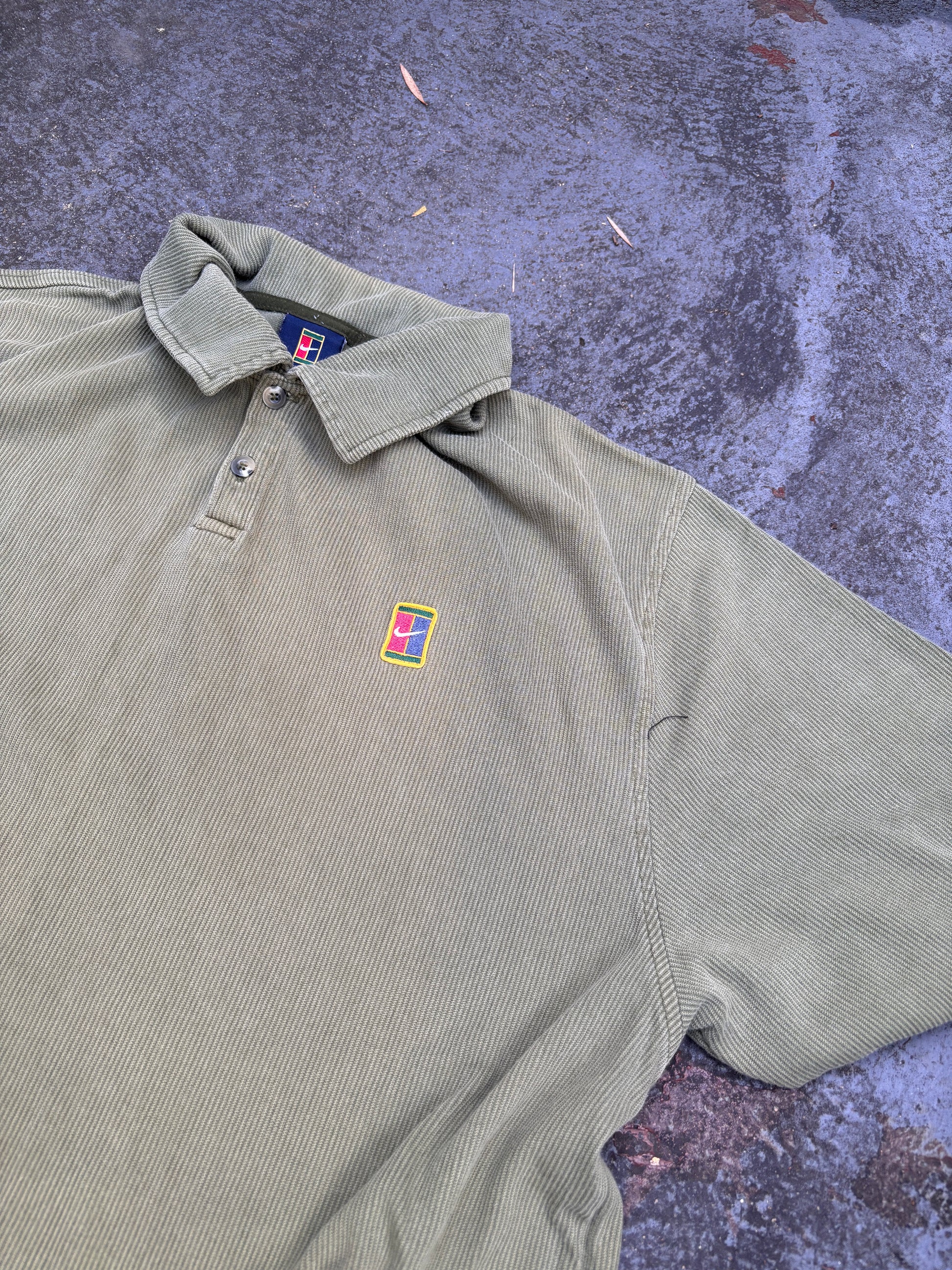 Vintage 90s Nike Court Corduroy Polo Size L Olive Green Embroidered Chest Logo