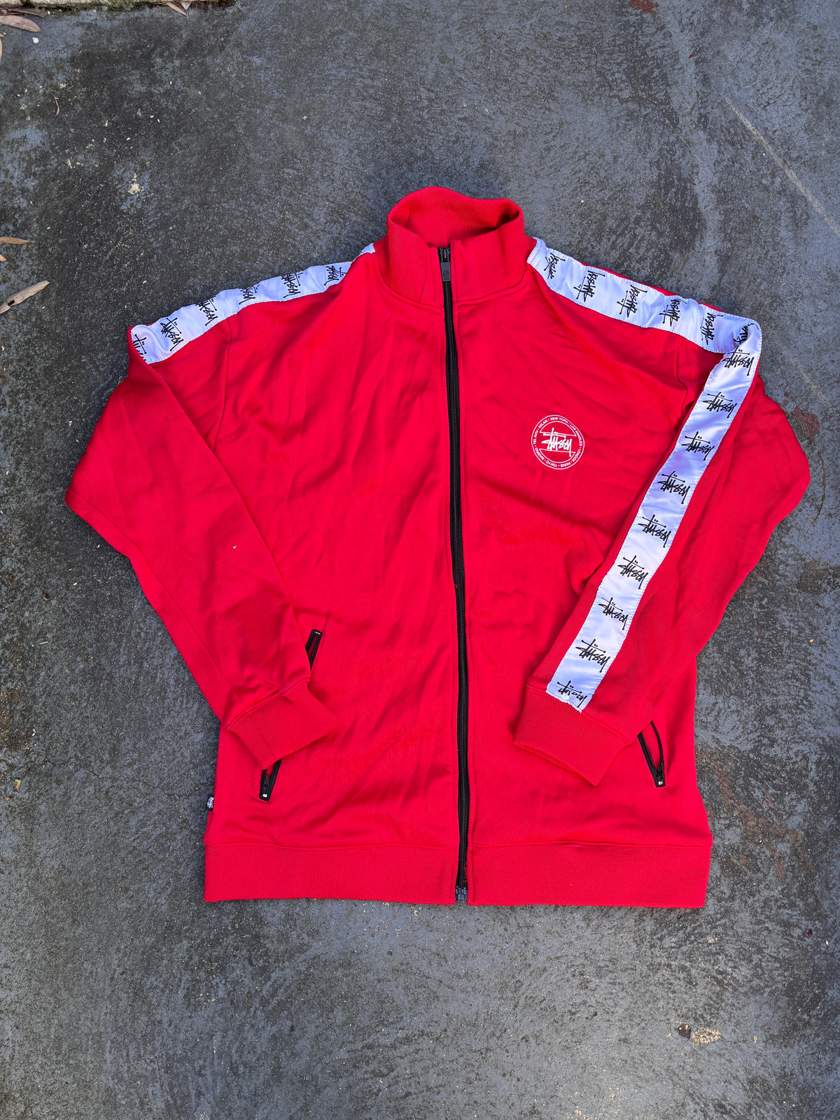 Stussy Jacket Size M Red White Arm Tape Logo World Tour Chest Logo Full Zip