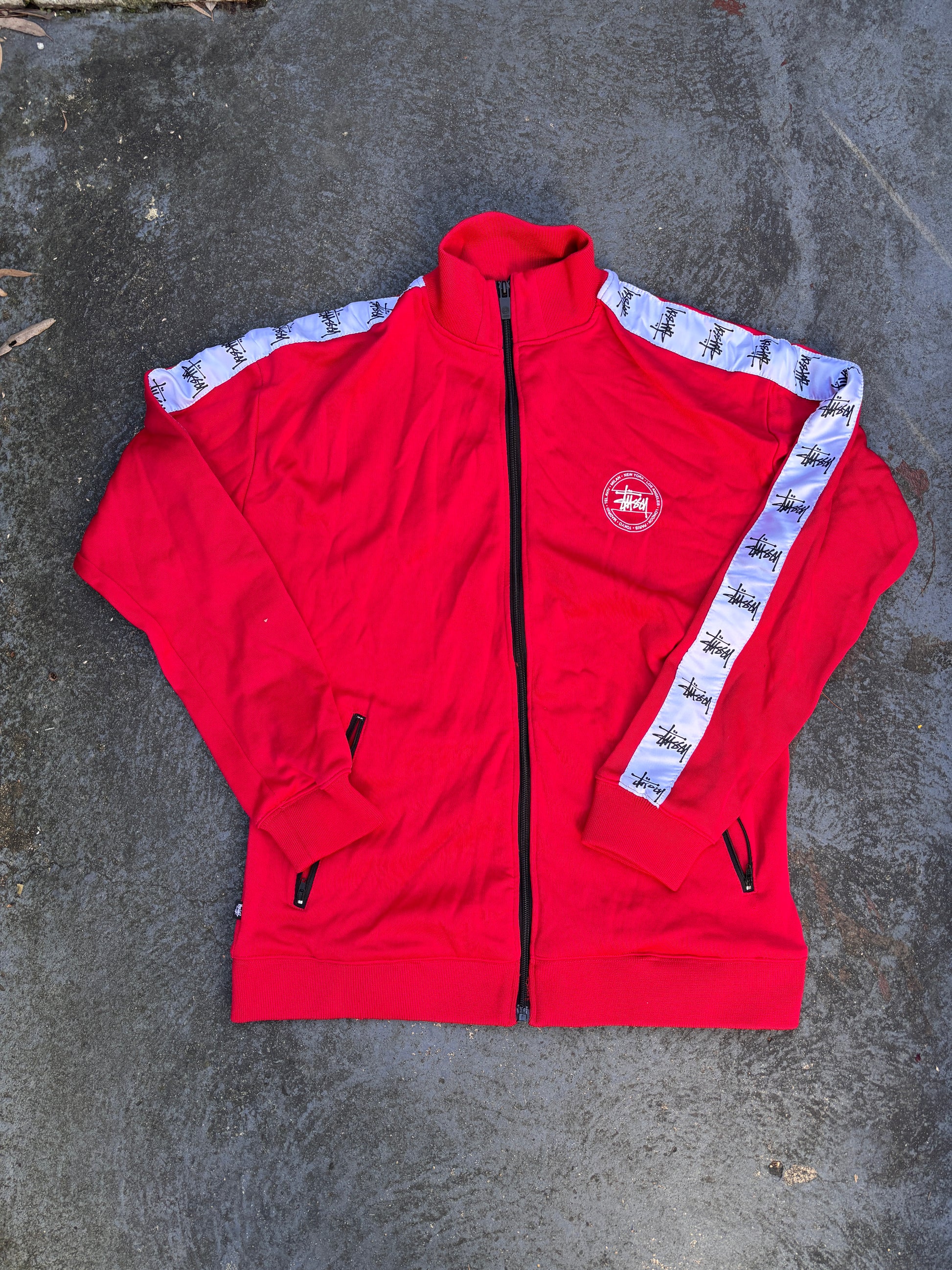 Stussy Jacket Size M Red White Arm Tape Logo World Tour Chest Logo Full Zip