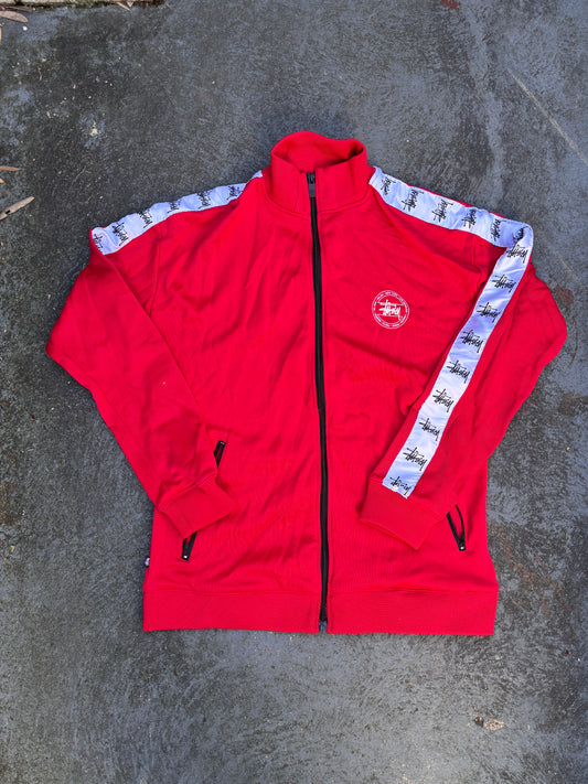 Stussy Jacket Size M Red White Arm Tape Logo World Tour Chest Logo Full Zip