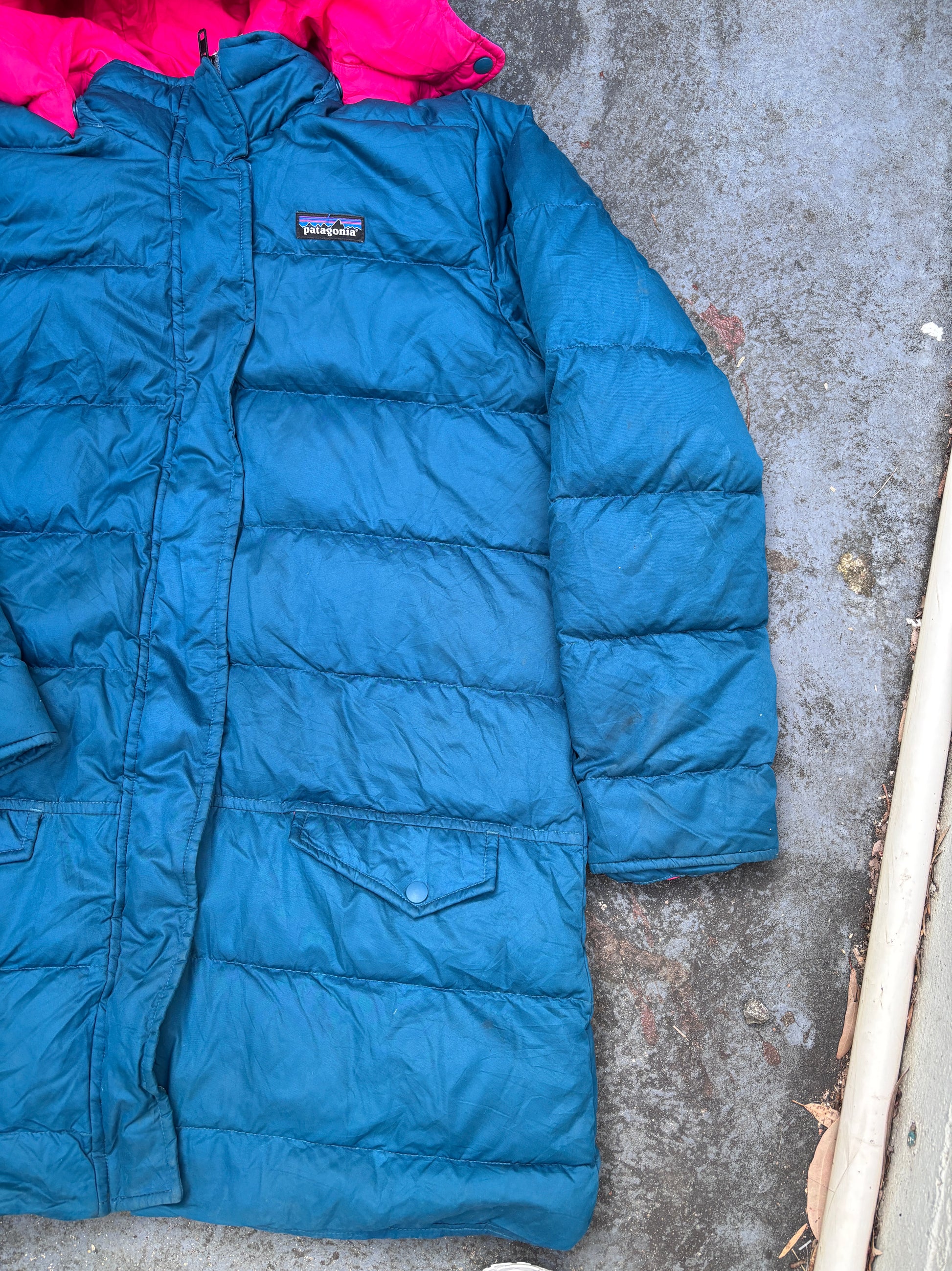 Patagonia Puffer Down Jacket Size S Green Pink Hooded Chest Logo Full Zip