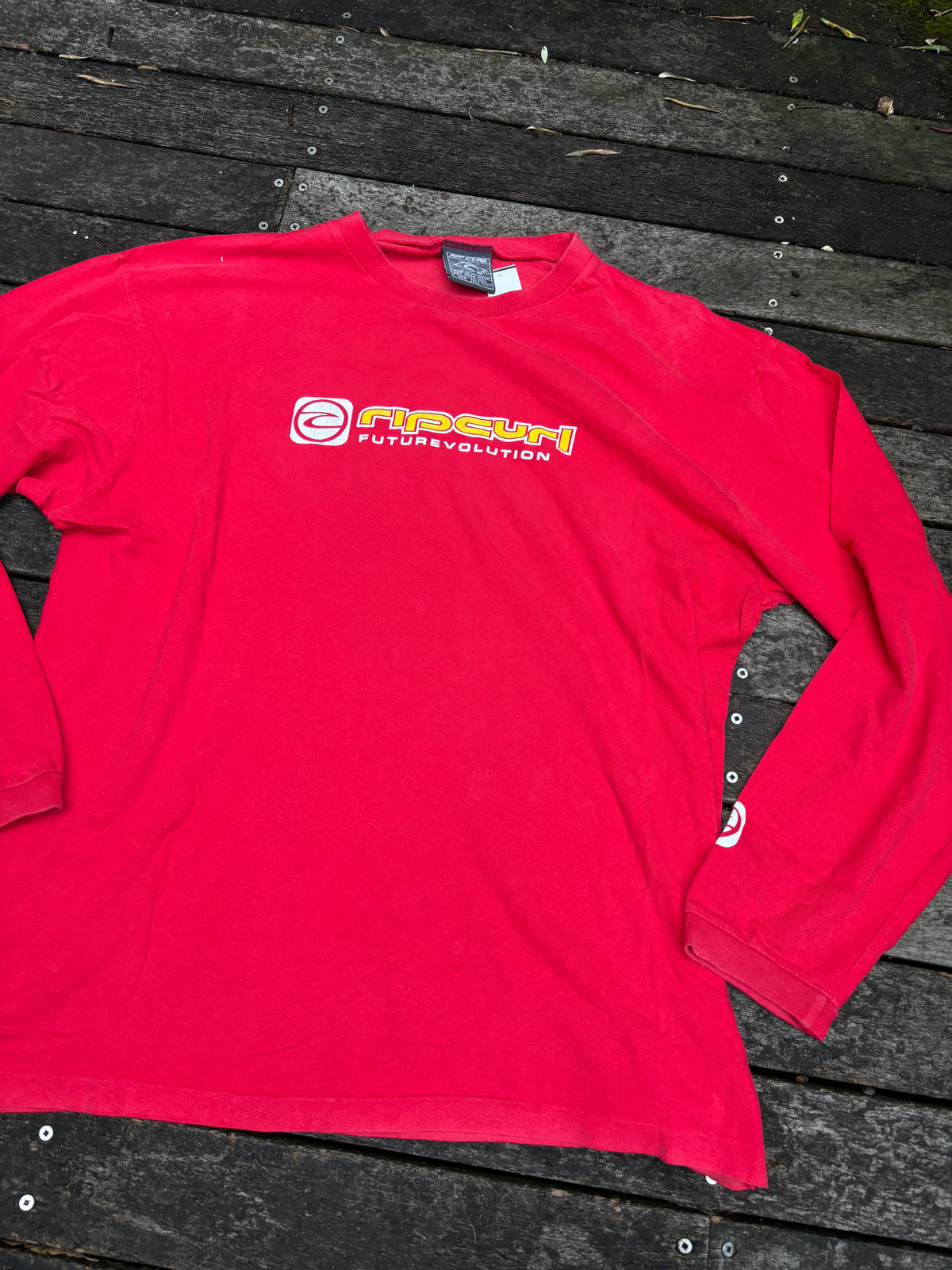 Vintage Rip Curl T-shirt Size XL Red Front Spell Out Logo Long Sleeve