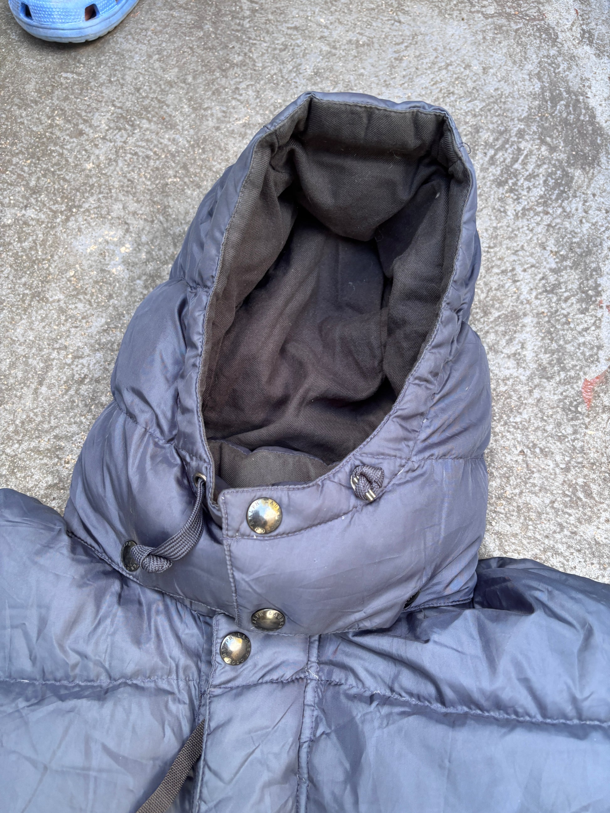 Vintage Y2K Polo Ralph Lauren Down Jacket Sz M Navy Puffer Hood Red Pony Pockets
