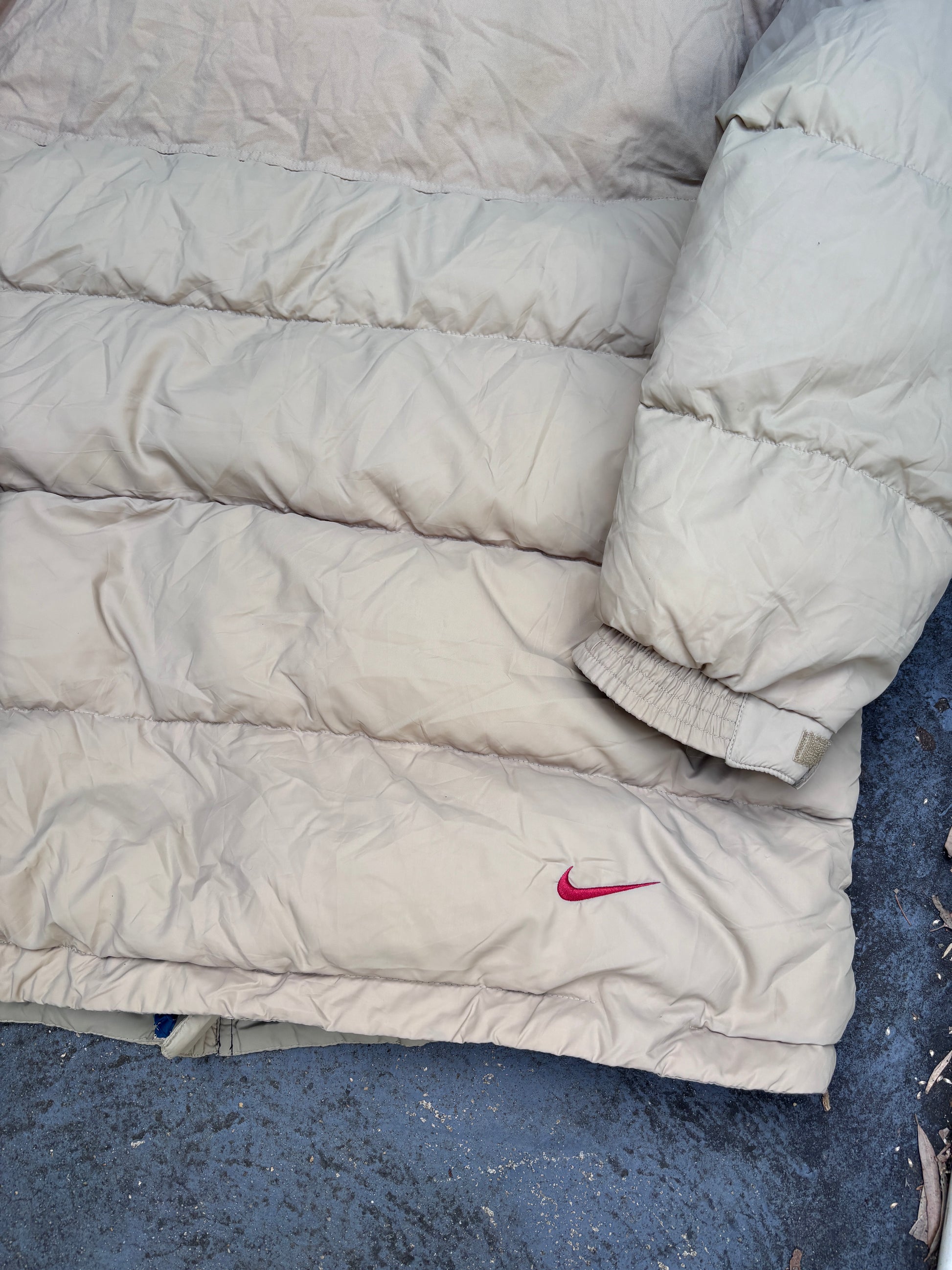Vintage 90s Nike Down Puffer Jacket Size L Oversized Tan Red Swoosh Full Zip