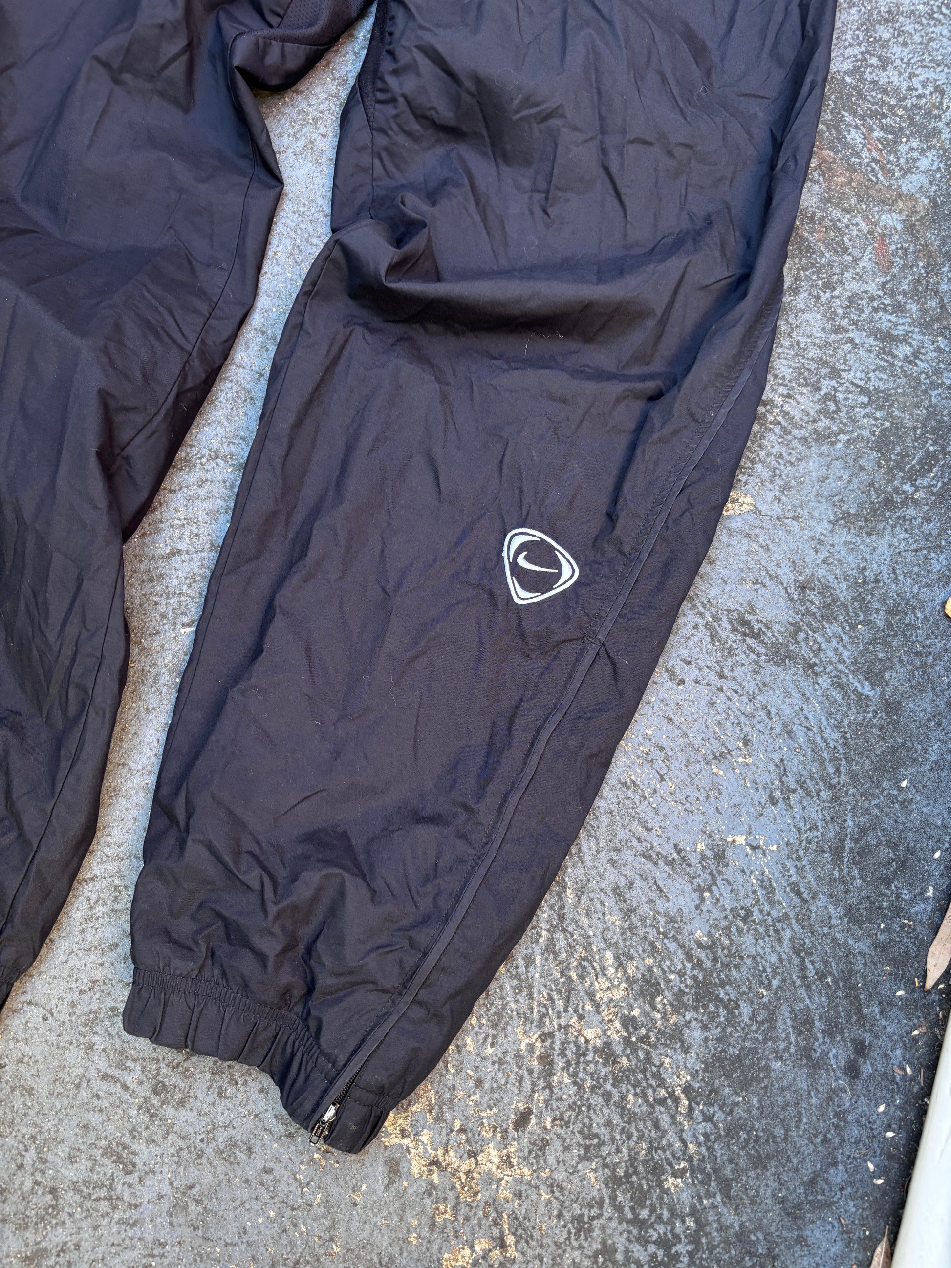 Vintage 90s Nike Football Track Pants Size L Black White Logo Nylon Tapered Leg