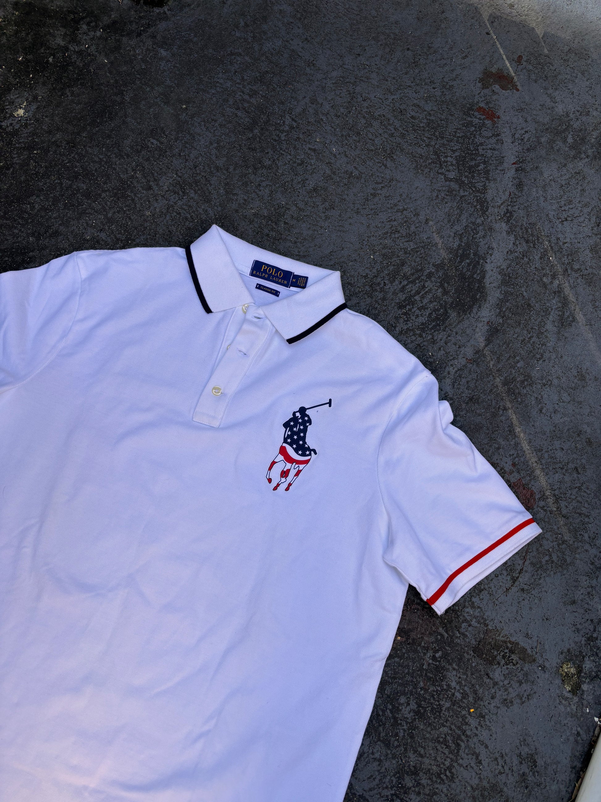 Polo Ralph Lauren Polo Shirt Size M White Large Pony USA Flag Colours Cotton