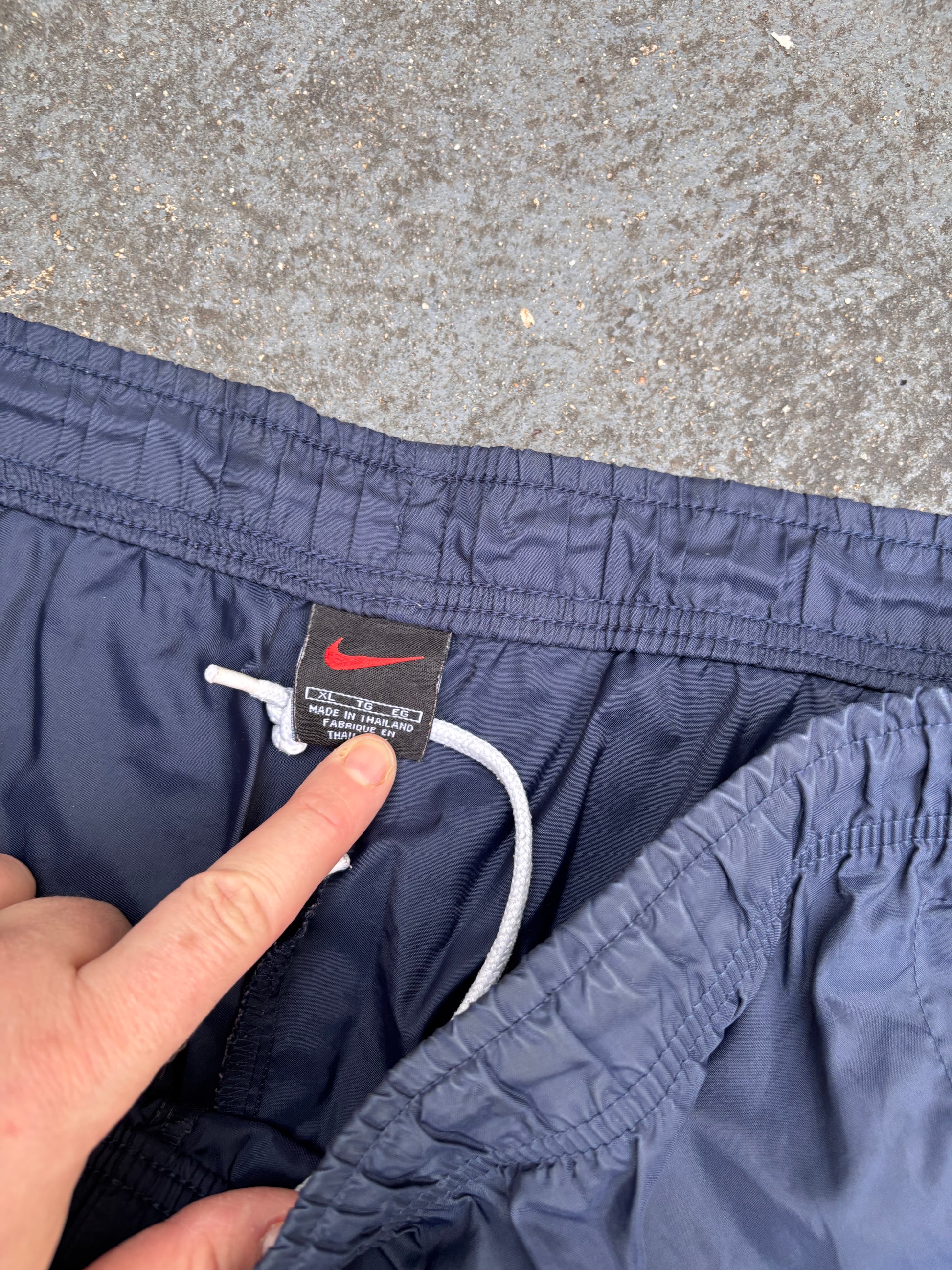 Vintage 90s Nike Cargo Track Pants XL Navy Spell Out Hex Logo Nylon Windbreaker