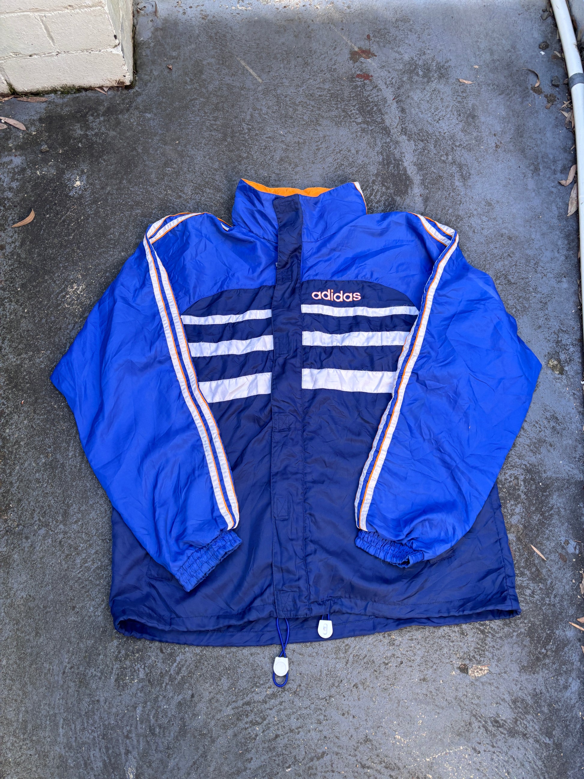 Vintage 90s Adidas Jacket Size M Blue Orange Retro Full Zip Hood Windbreaker