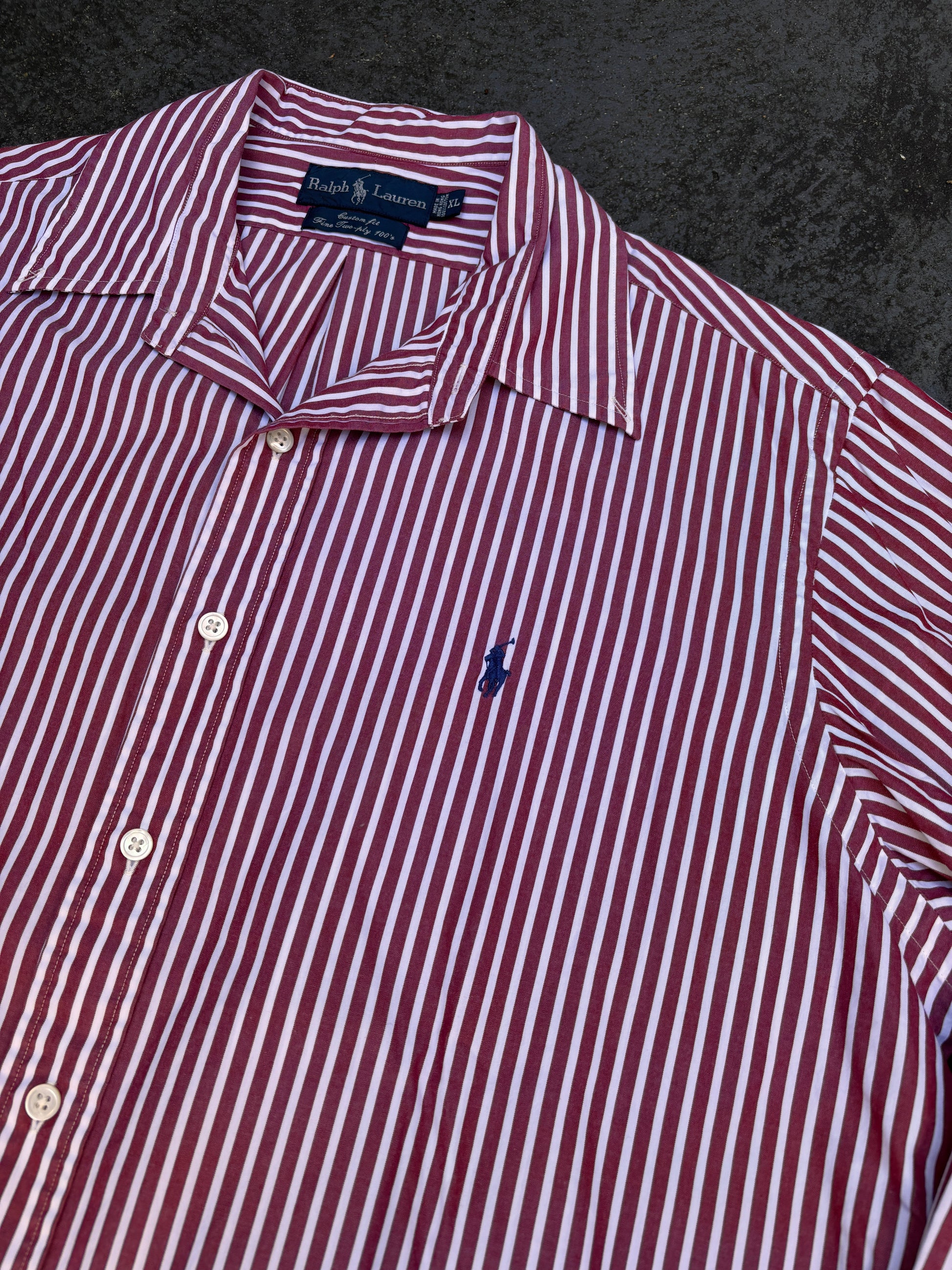 Vintage 90s Ralph Lauren Shirt Size XL Red White Stripe 2 Ply Cotton Custom Fit