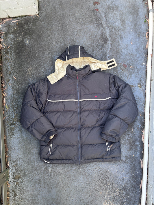 Vintage Y2K Nike Down Puffer Jacket Size XL Oversized Black Red Swoosh Full Zip