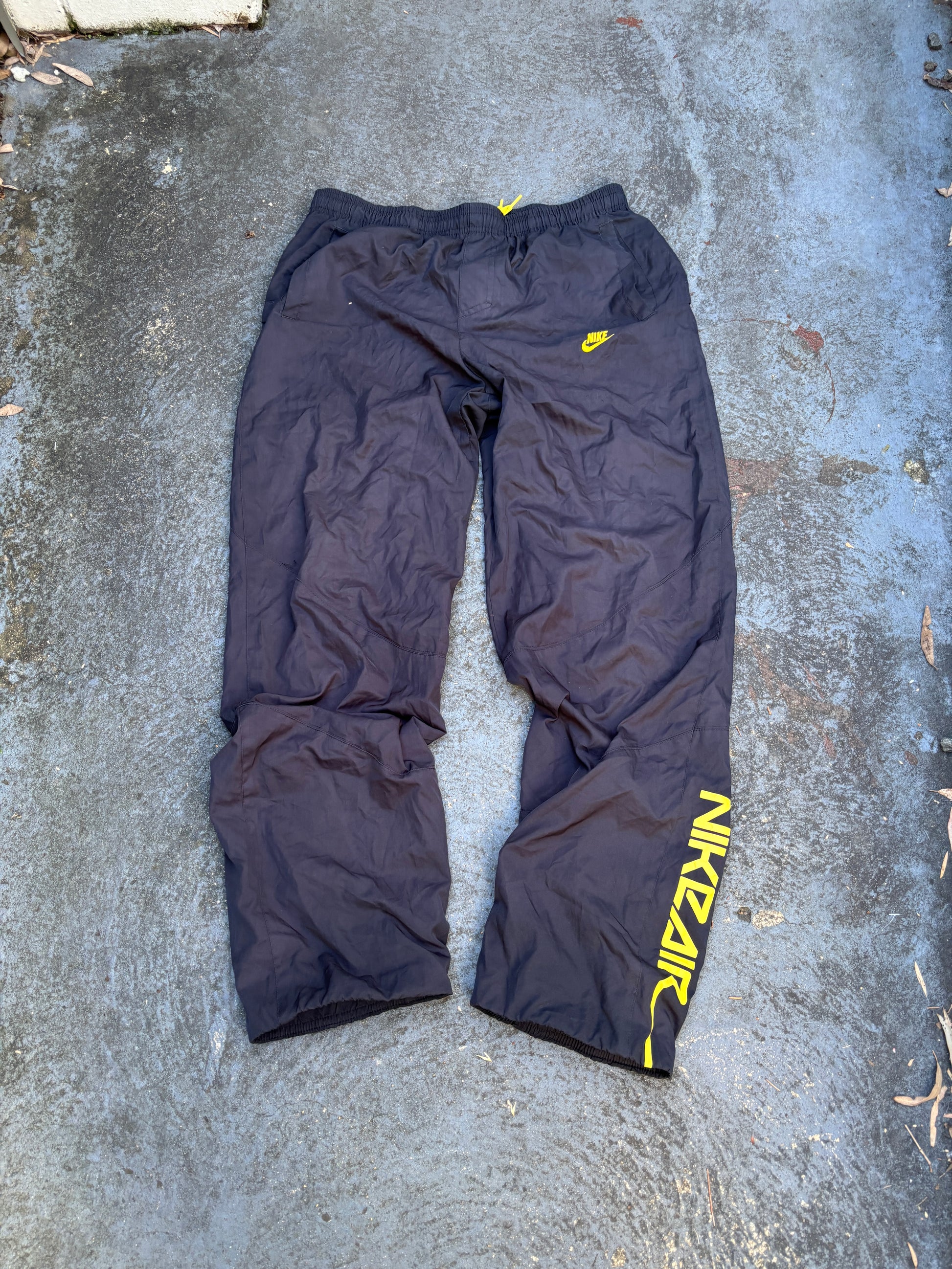 Vintage Y2K Nike Air Track Pants Size M Black Yellow Spell Out Logo Windbreakers