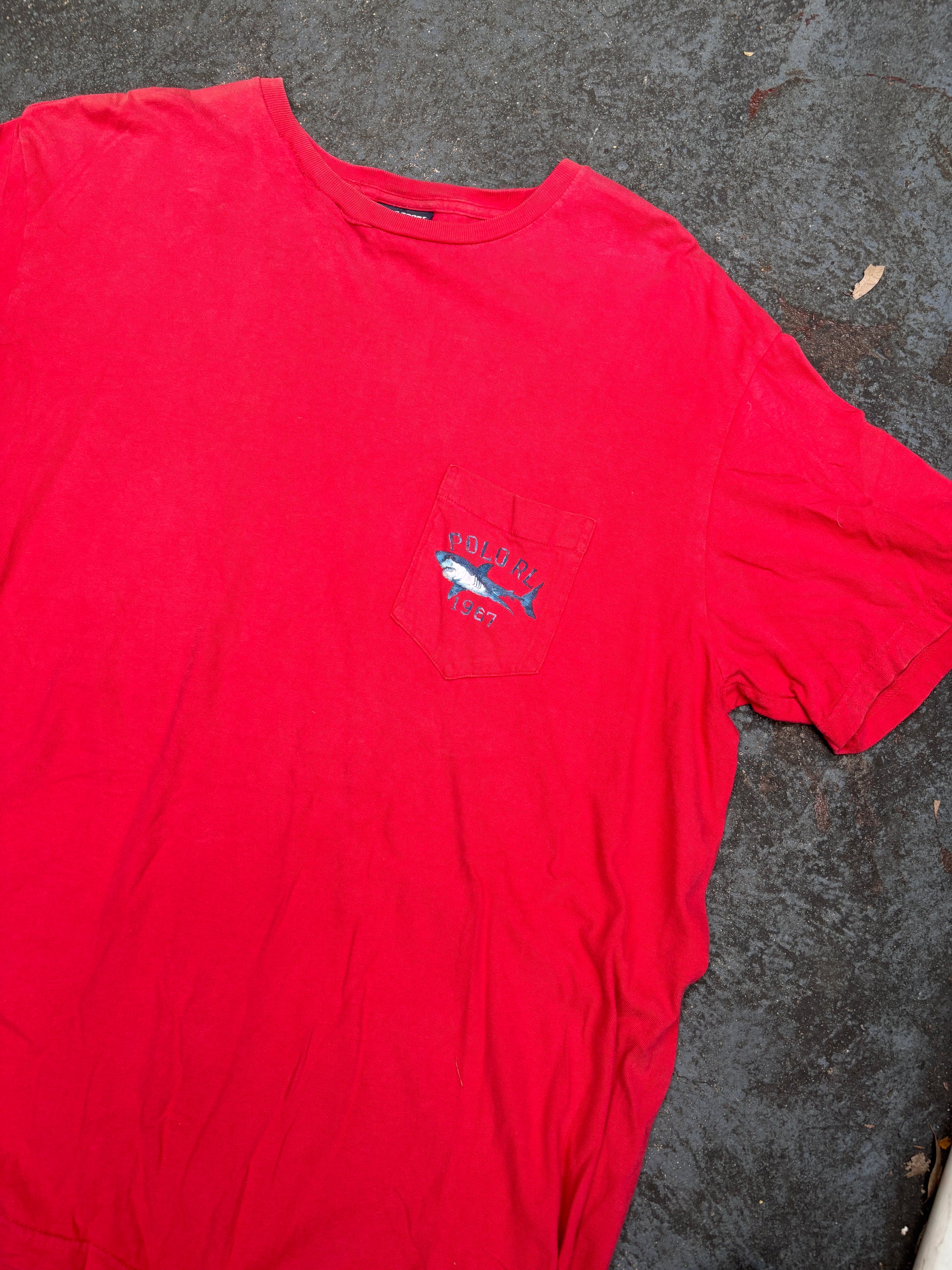 Vintage 90s Ralph Lauren Polo Sport Shark T-Shirt Sz L Red Chest Pocket Cotton
