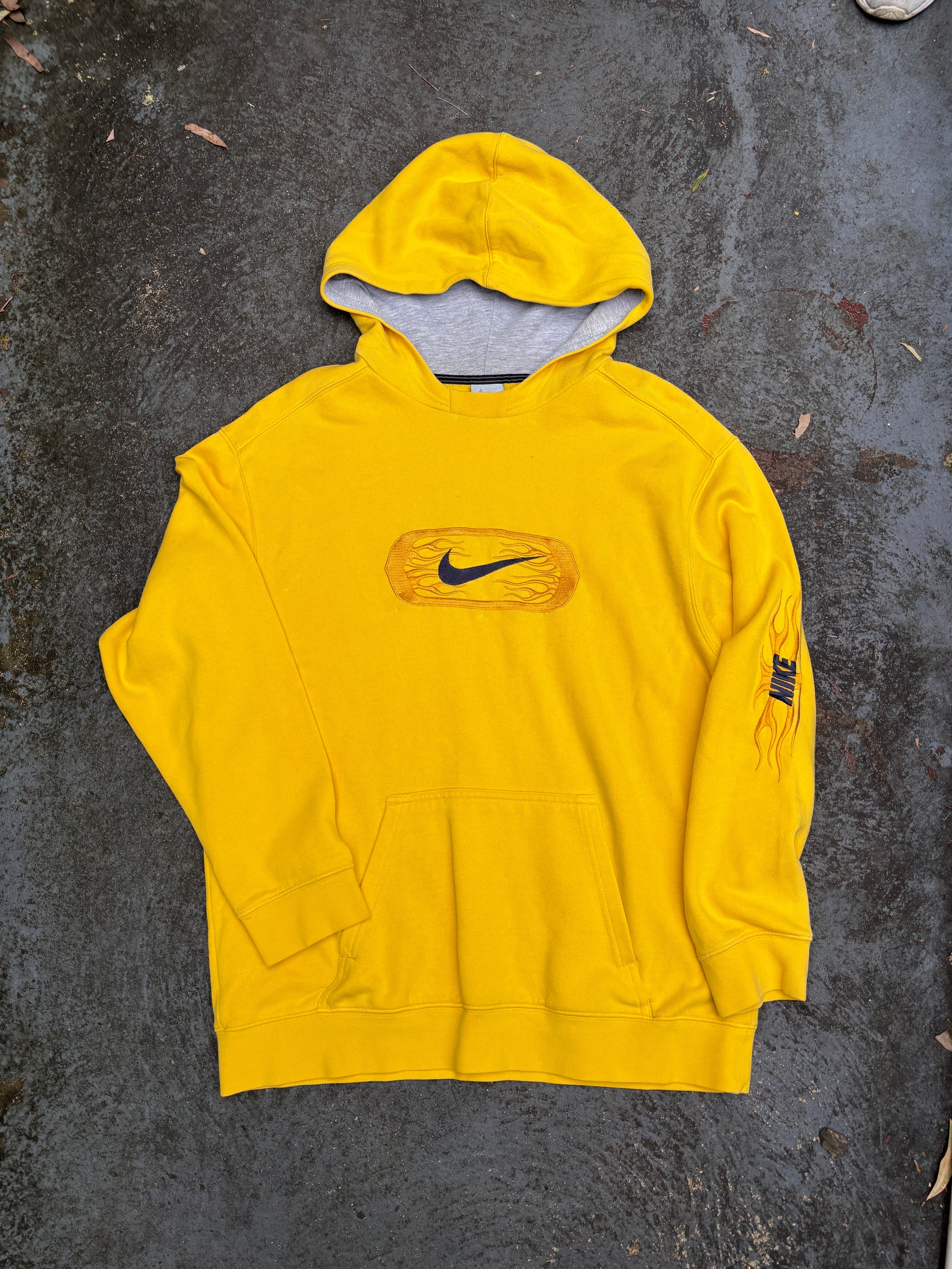 Vintage Y2K Nike Hoodie Size XL Yellow Embroidered Flames Spell Out Logo Pouch